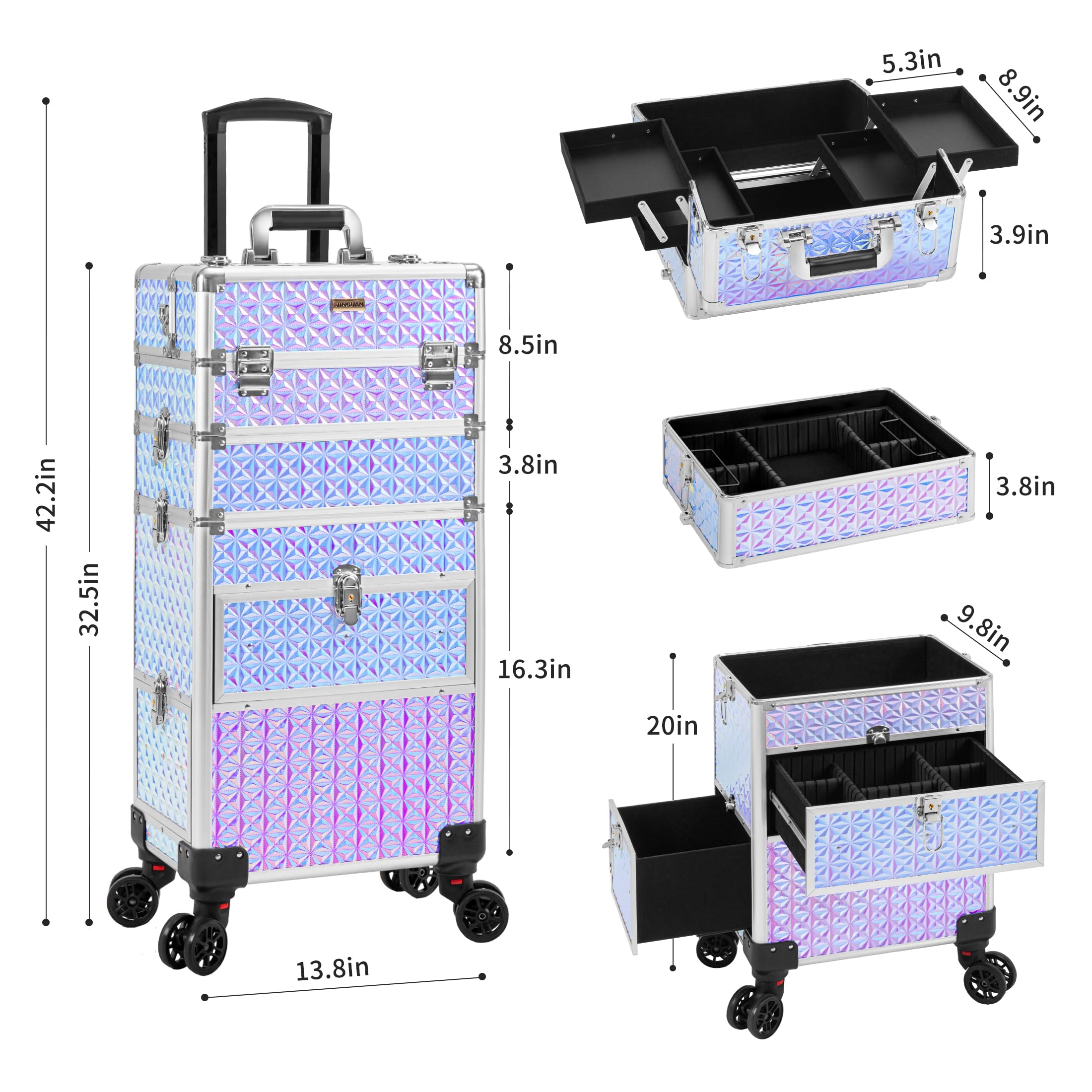4 in 1 Rolling Makeup Case with Drawers - Multi-functional Cosmetic Trolley with Wheels & Lock - Large Storage Travel Cart for Nail Technicians, Makeup Artists & Hairstylists (Silver) - Perfect for Salon, Travel & Professional Makeup Organization