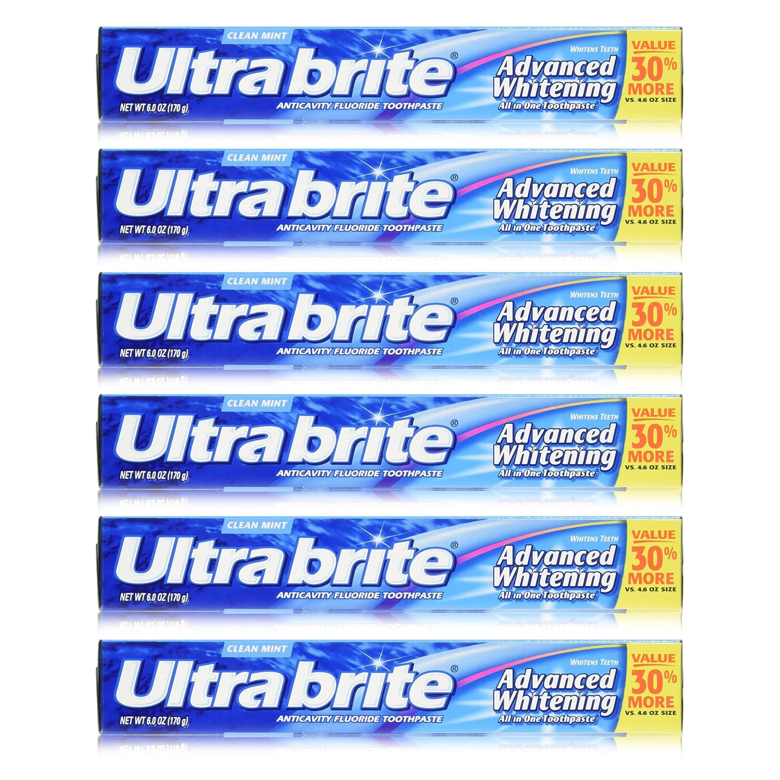 Colgate Ultra Brite Advanced Whitening Fluoride Toothpaste - Clean Mint Flavor, 6 Pack (6 Tubes) for Daily Oral Care & Teeth Brightening at Home or Travel