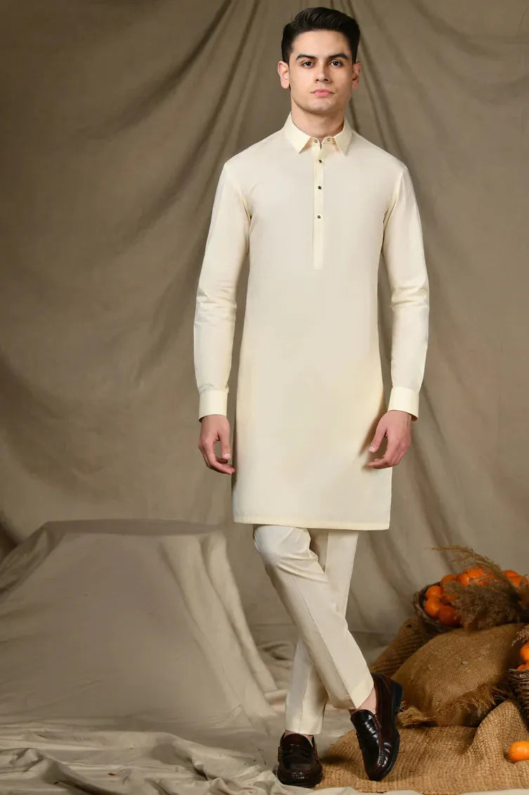Premium Cotton Cream Kurta Trouser Set by J. Junaid Jamshed - Comfortable Traditional Pakistani Outfit for Men - Perfect for Eid, Weddings & Special Occasions