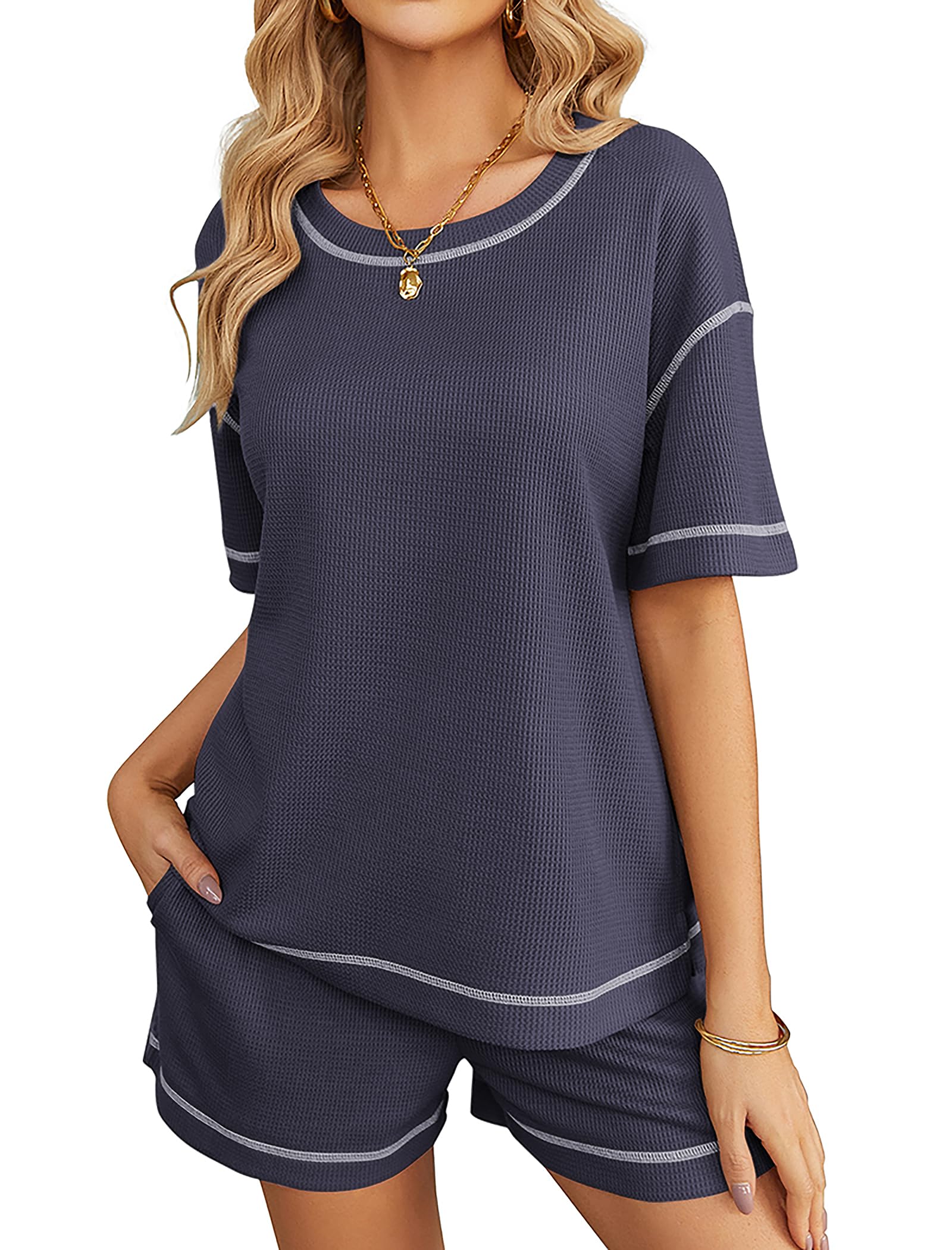 Ekouaer Women's Waffle Knit Pajama Set - 2 Piece Soft Lounge Wear with Pockets | Cozy Sleepwear & Loungewear for Relaxing at Home