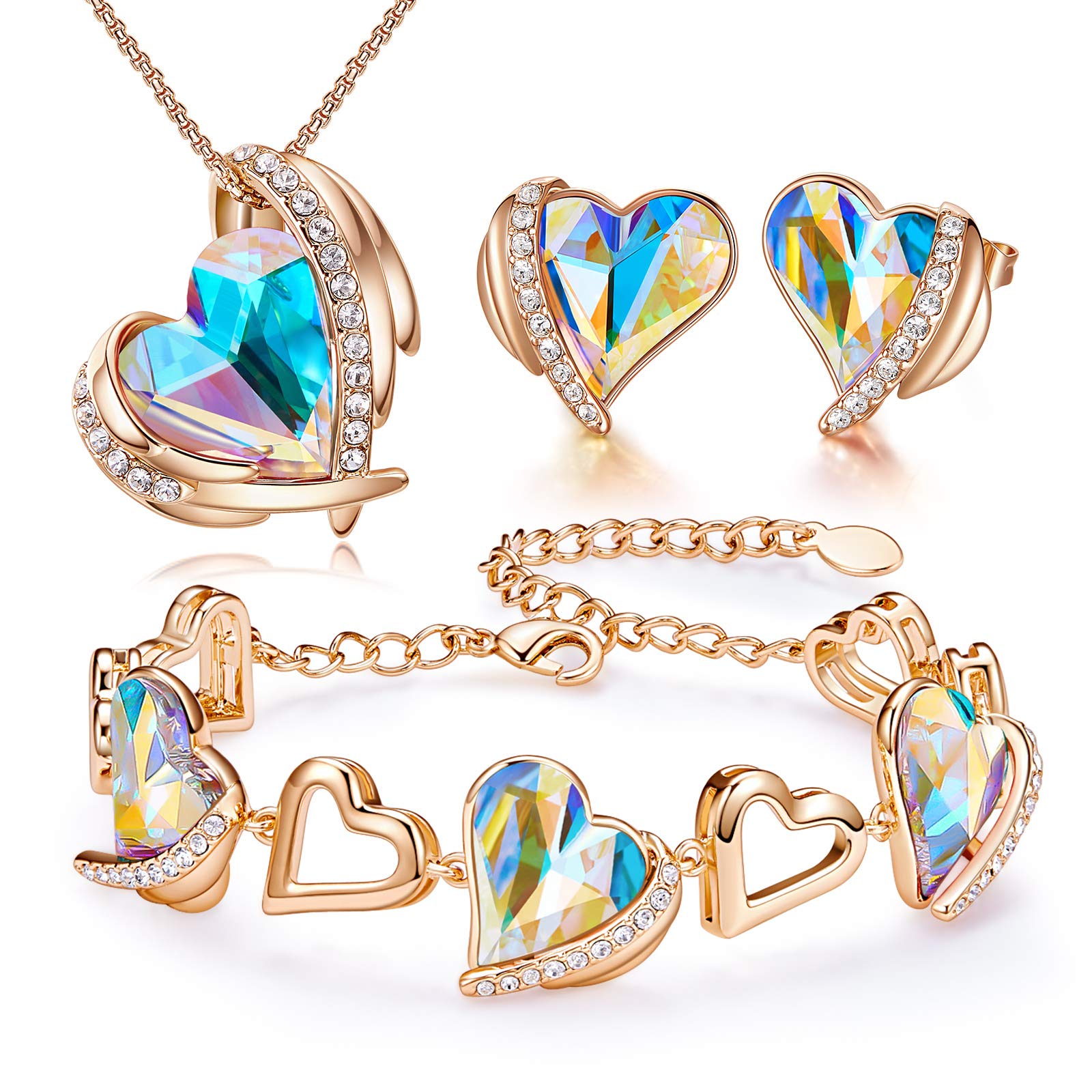 Pink Angel Jewelry Set - Rose Gold Plated Heart Necklace, Earrings & Bracelet for Women | Perfect Birthday Gift for Mom & Best Friend | Valentine's Day, Anniversary & Special Occasion Jewelry