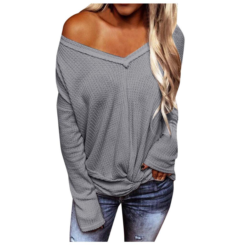 Women's V-Neck Long Sleeve Waffle Knit Pullover Sweater - Off Shoulder Knot Detail Tops for Fall & Winter | Casual Outfits, Date Night, Office Wear