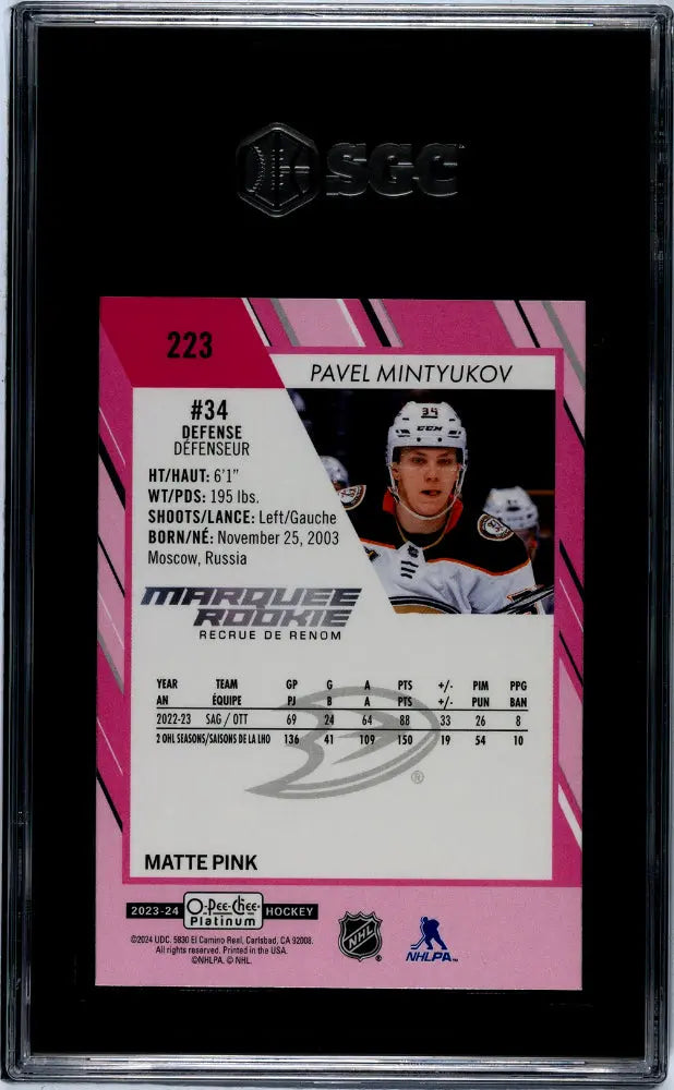 2023 O Pee Chee Platinum Pavel Mintyukov Marquee Rookie Matte Pink Hockey Card - SGC 9 Graded - Perfect for Collectors & Sports Memorabilia Enthusiasts