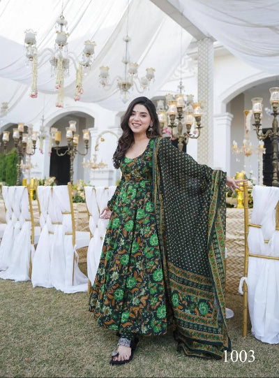 Plus Size Dark Green Muslin Silk Flair Anarkali Suit Set for Women - Elegant Indian Ethnic Wear for Weddings, Parties & Festive Occasions