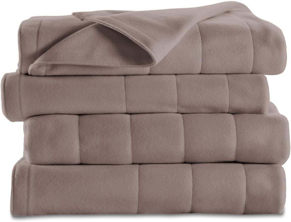 Sunbeam Queen Size Electric Fleece Heated Blanket with Dual Zone Control - Mushroom Color - Perfect for Winter Nights & Couples Sharing Bed