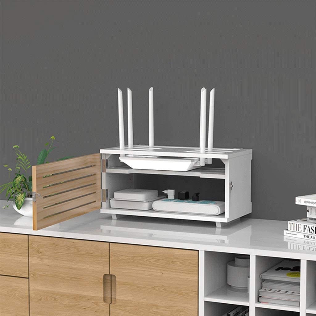 **Wall-Mounted Solid Wood Wireless Router Storage Box with 3 Shelves & Power Cord - White Finishing Box for Home Office & Tech Gadgets Organization**