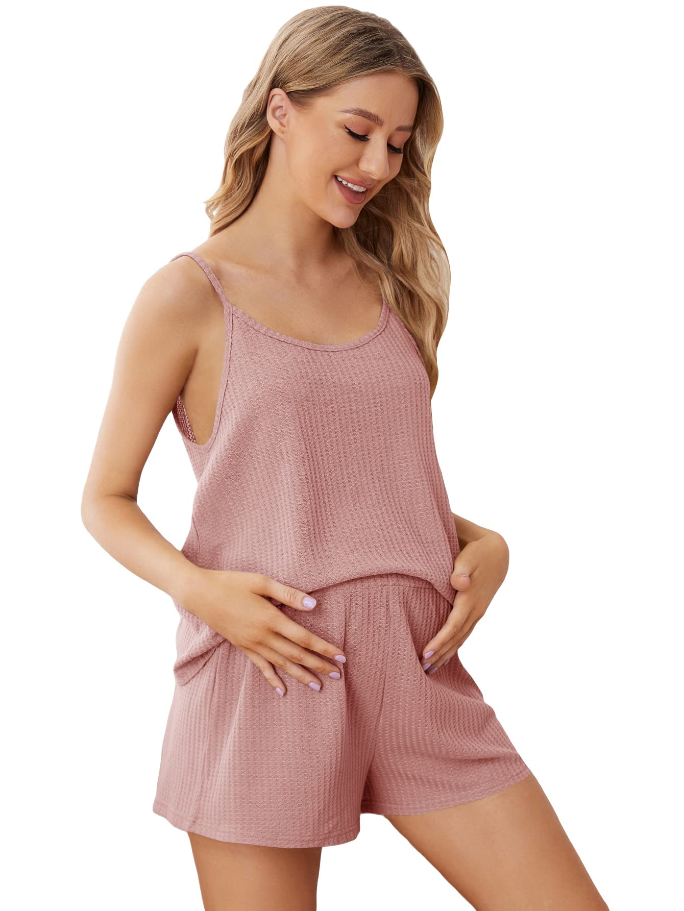OYOANGLE Women's Maternity Pajama Set - Soft Waffle Knit Cami Top & Shorts Lounge Wear for Pregnancy, Nursing & Postpartum Comfort | Perfect for Sleep, Relaxation & Hospital Stay