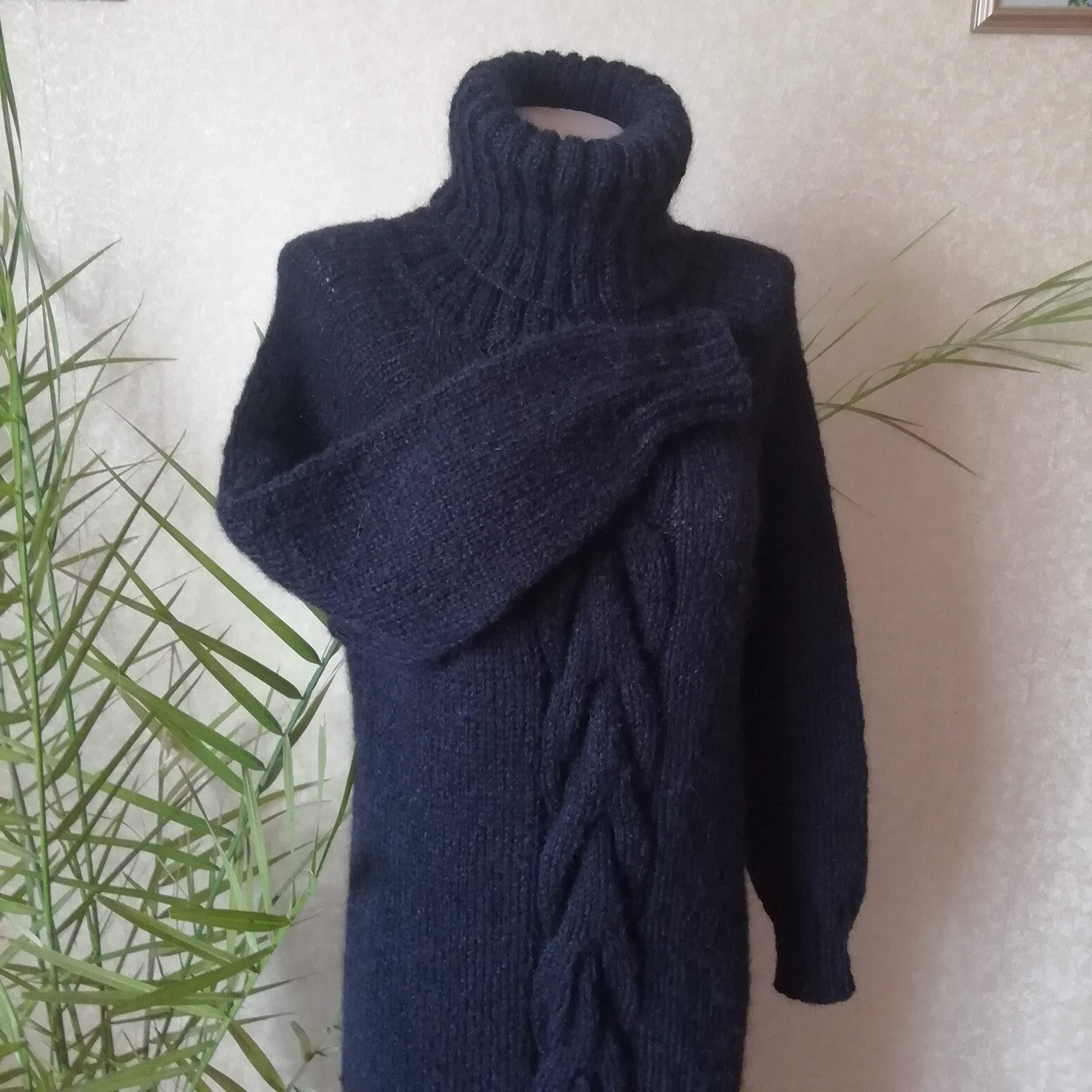 Black Mohair Knitted Sweater Dress for Women - Extra Long Handmade Winter Pullover with Collar | Perfect for Holiday Parties, Date Nights & Office Wear