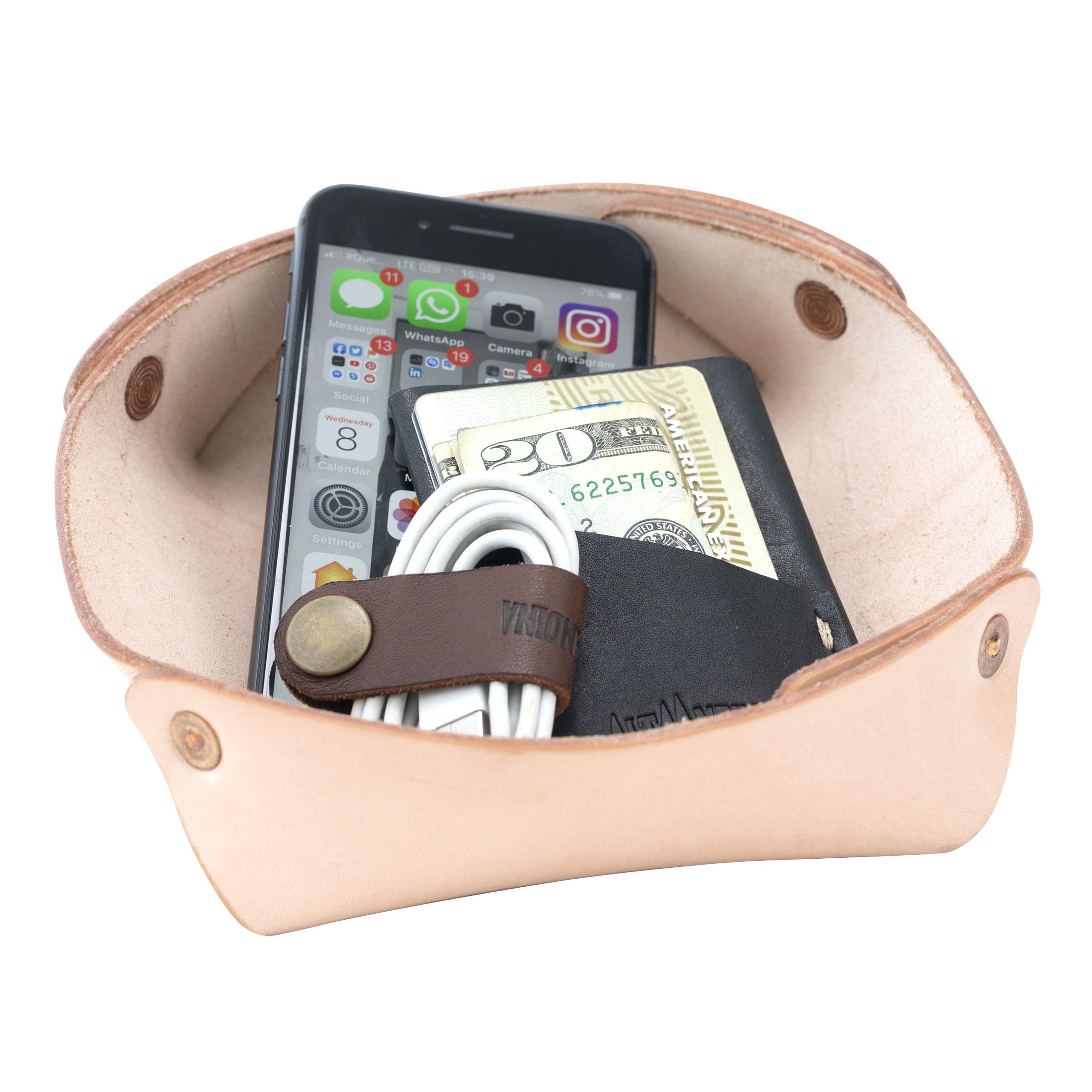 Premium Vegetable-Tanned Leather Catchall Tray - Handmade Valet Organizer for Jewelry, Watches & Keys - Nightstand & Dresser Tray for Men & Women (Beige, Natural) - Perfect for Bedroom, Office & Travel Accessories Storage