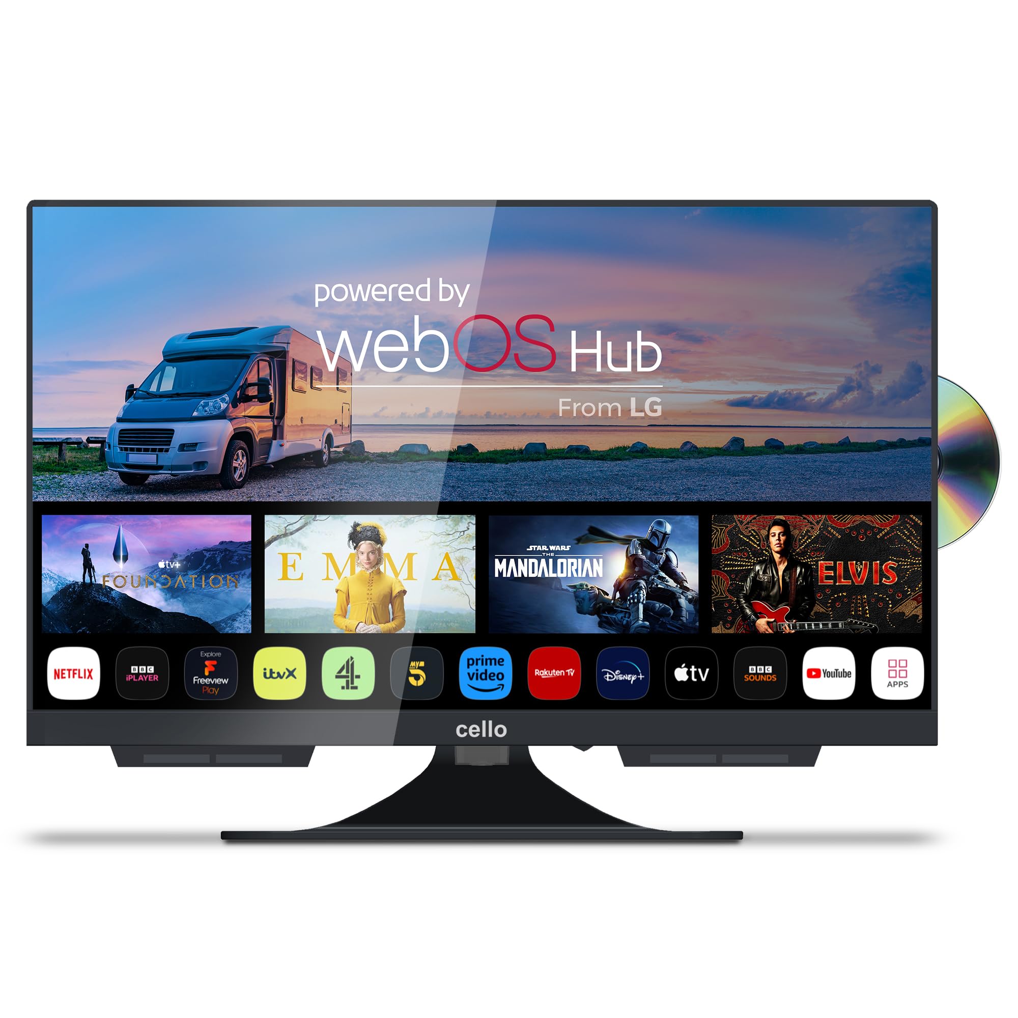 Cello C1924WSF 12V 19-Inch Smart Frameless TV with Built-in DVD, Ultrafast WebOS, Freeview Play, Pitch Perfect Speakers, Bluetooth, Netflix | Compact TV for Motorhomes, Caravans, and Small Spaces | Made in the UK