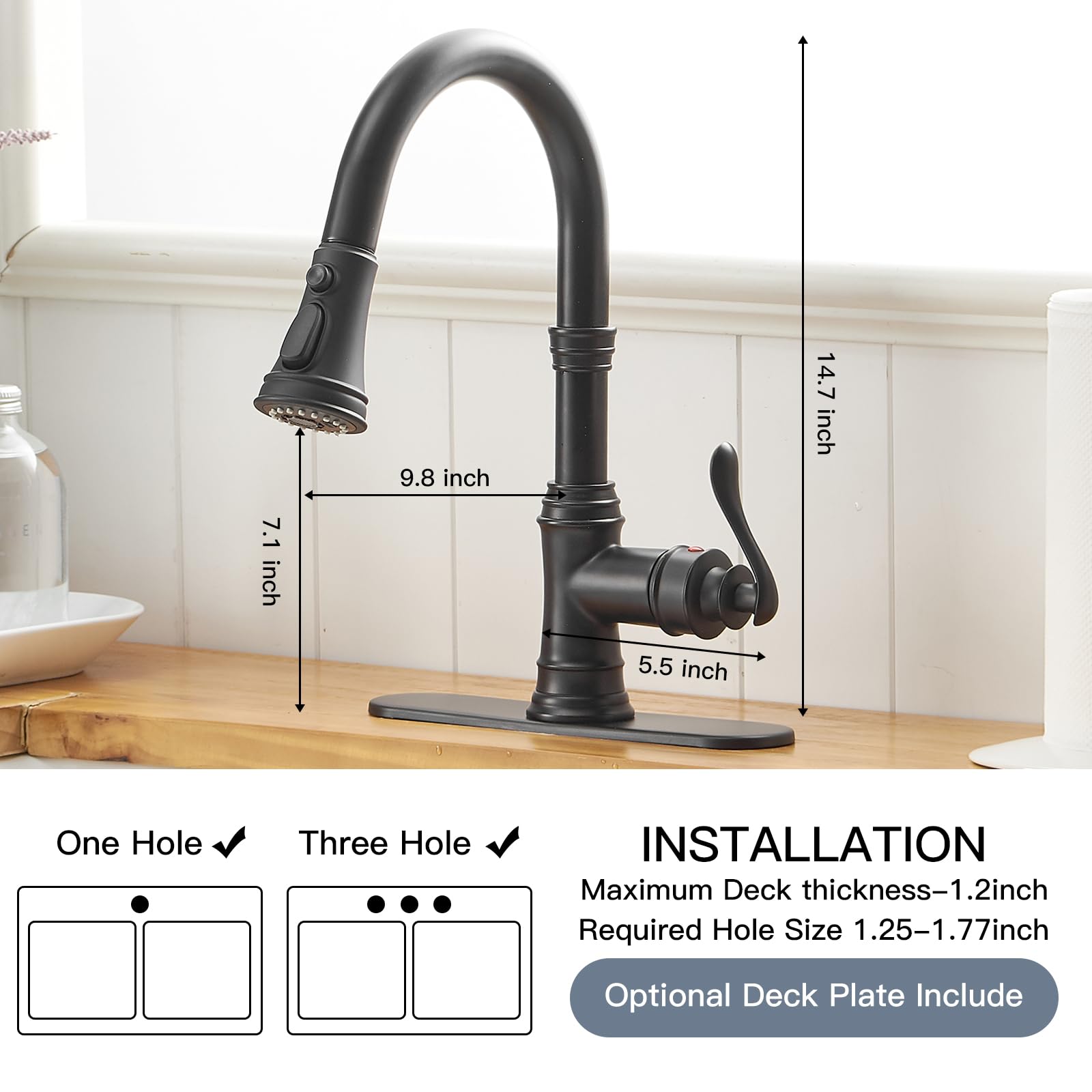 Matte Black Kitchen Faucet with Pull Down Sprayer - 3 Function Single Handle High Arc Commercial Sink Faucet with Deck Plate (Fits 1 or 3 Hole) - Perfect for Modern Kitchens, Restaurants & Food Prep Areas