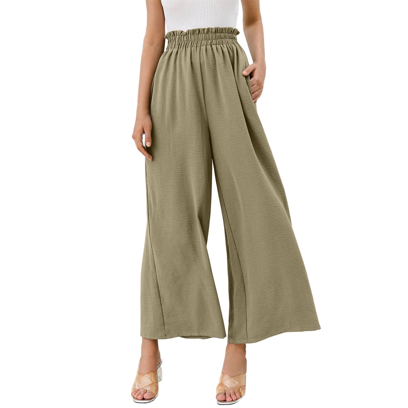 Women's High Waist Linen Lounge Pants - Soft Ice Silk Wrinkled Wide Leg Casual Pants with Lotus Leaf Design for Golf, Yoga & Home Relaxation