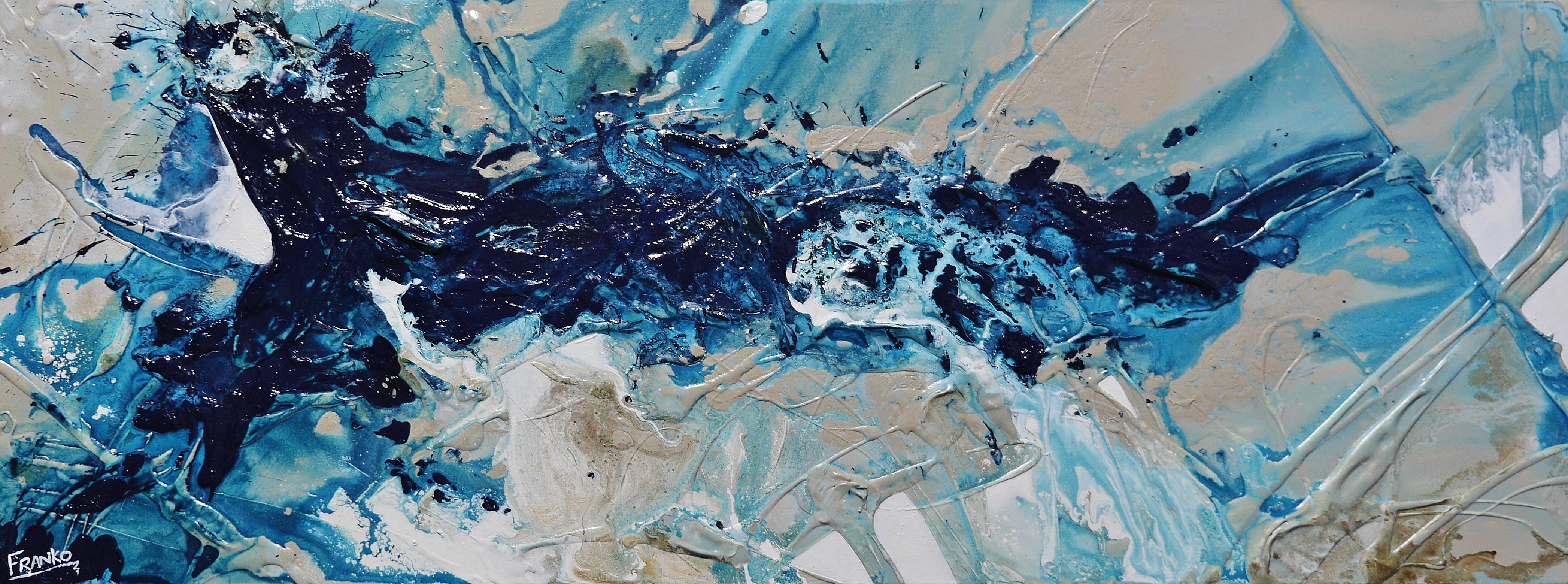 Navy Blue and White Textured Abstract Painting - 63 x 24 Inches (160x60cm) - Modern Wall Art for Living Room, Bedroom, or Office Decor