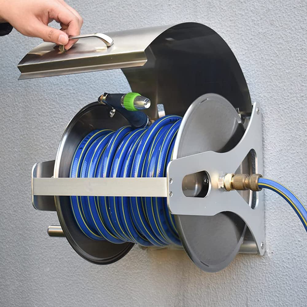 Stainless Steel Garden Hose Reel Cart with 20M Hose & Cover - Wall Mounted Water Pipe Rack & Watering Gun Organizer for Lawn, Yard, and Outdoor Plant Care
