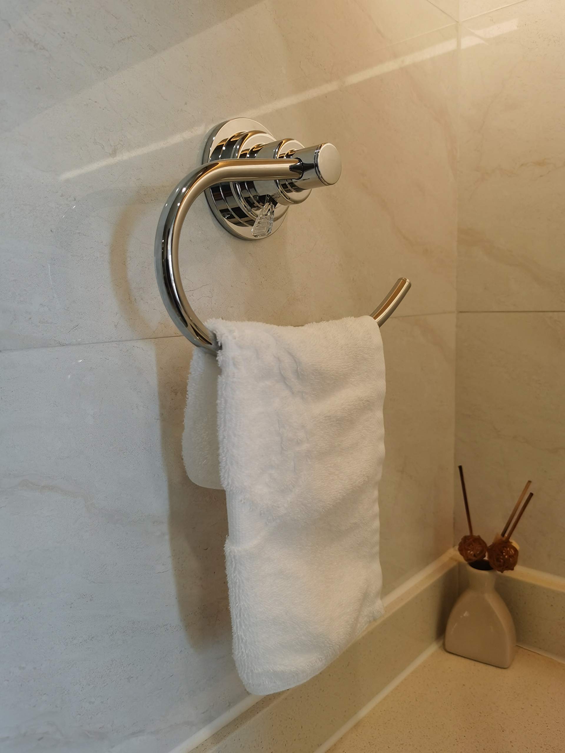 JiePai Vacuum Suction Towel Holder - No Drill Bathroom & Kitchen Towel Ring, Chrome Finish for Shower, Washcloth & Hand Towels - Perfect for Small Spaces, Apartments, RVs & Dorm Rooms