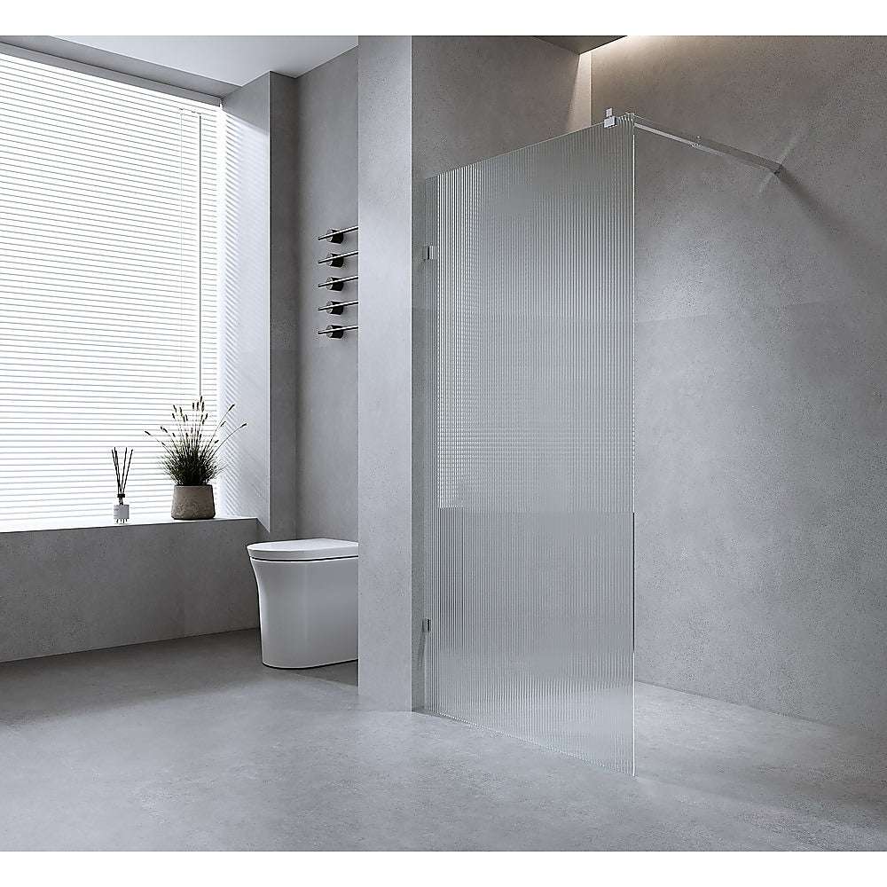 100cm Reeded Glass Shower Screen with Chrome Wall & Floor U Brackets - Frameless Bathroom Enclosure for Modern Home & Spa Style Wet Room