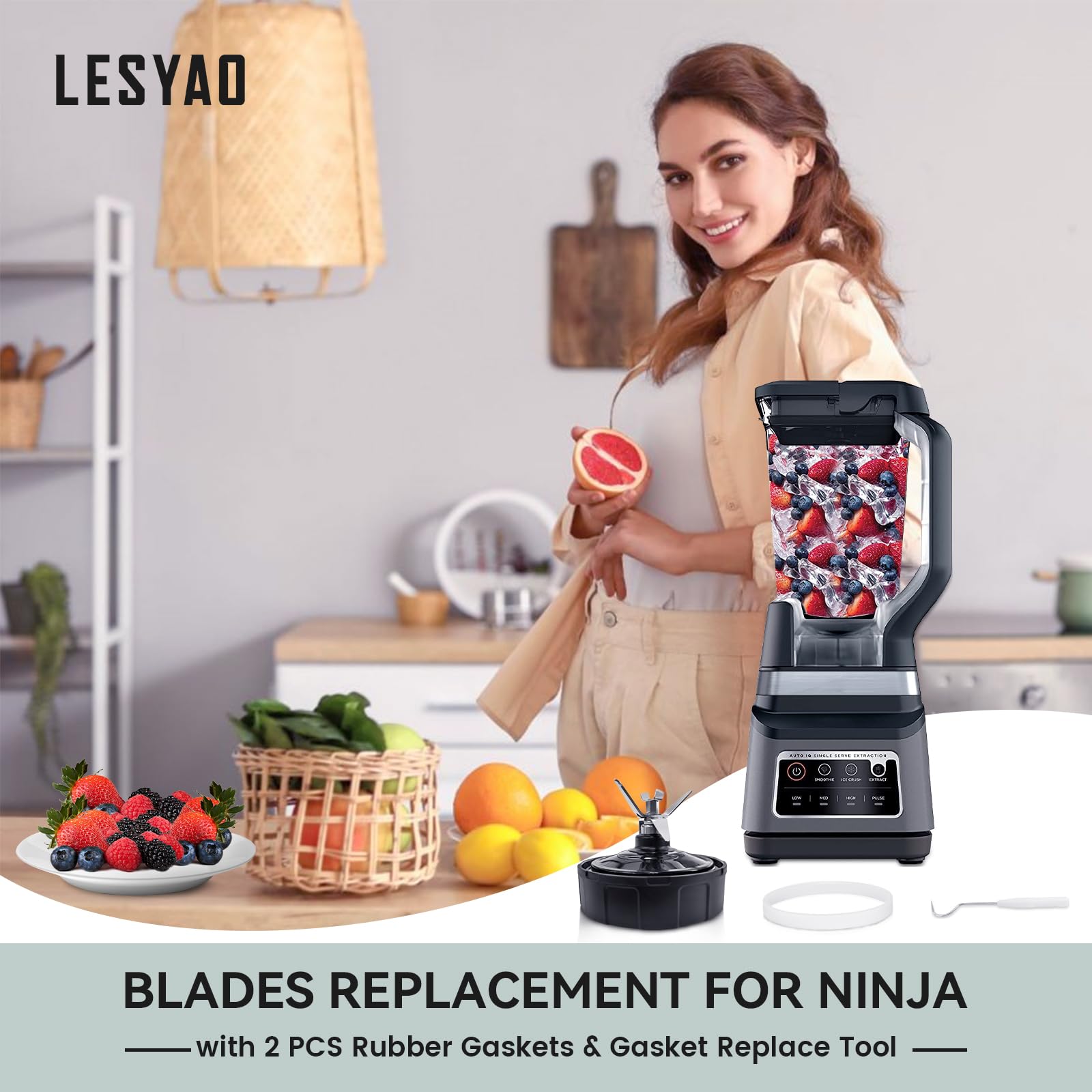 1 Pack Ninja Blender Replacement Blade - 7 Fins Stainless Steel Blender Blade with Rubber Gasket & High Speed Bearing - Compatible with Ninja BL480 BL482 BL682 BL642 NN102 Auto iQ Series - Perfect for Smoothies, Shakes & Food Prep