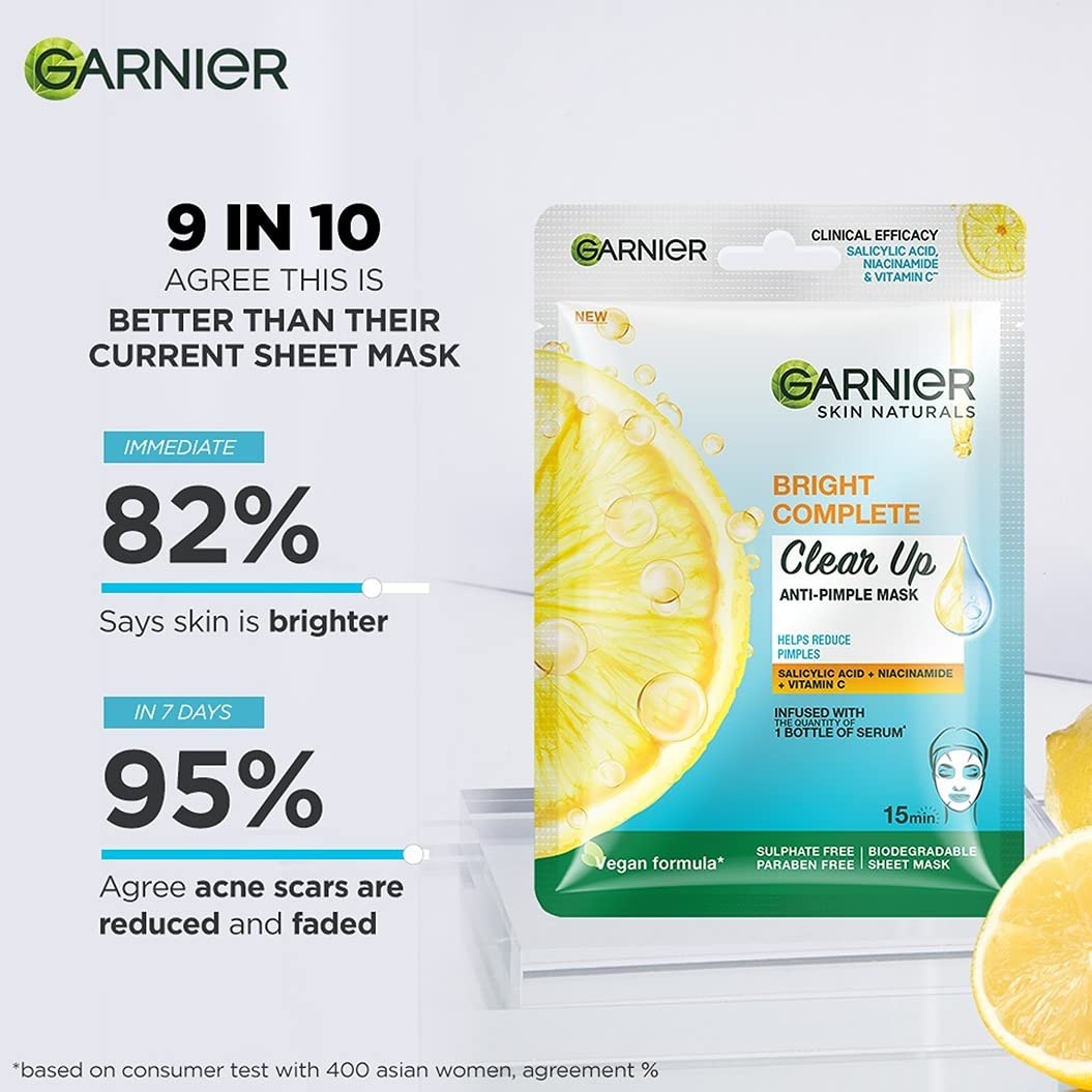 Garnier Bright Complete Anti-Pimple Sheet Mask with Salicylic Acid, Niacinamide & Vitamin C - Clear, Hydrated & Glowing Skin Treatment for All Skin Types | Perfect for Acne-Prone, Oily & Combination Skin Care Routine