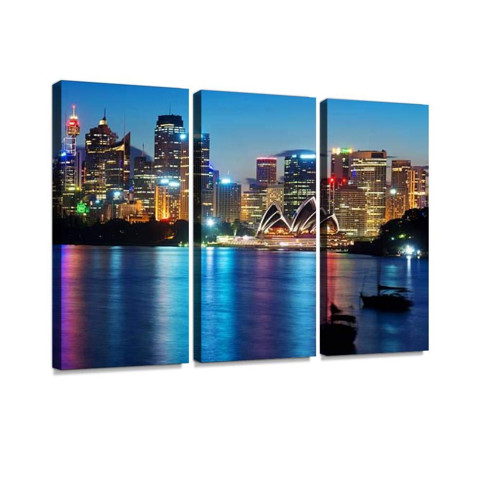 Blaverr Sydney Skyline Cremorne Point Twilight Canvas Wall Art - 3 Panel Painting for Living Room & Bedroom Decor - Stretched Framed Ready to Hang - Perfect for Home, Office, and Gift Giving