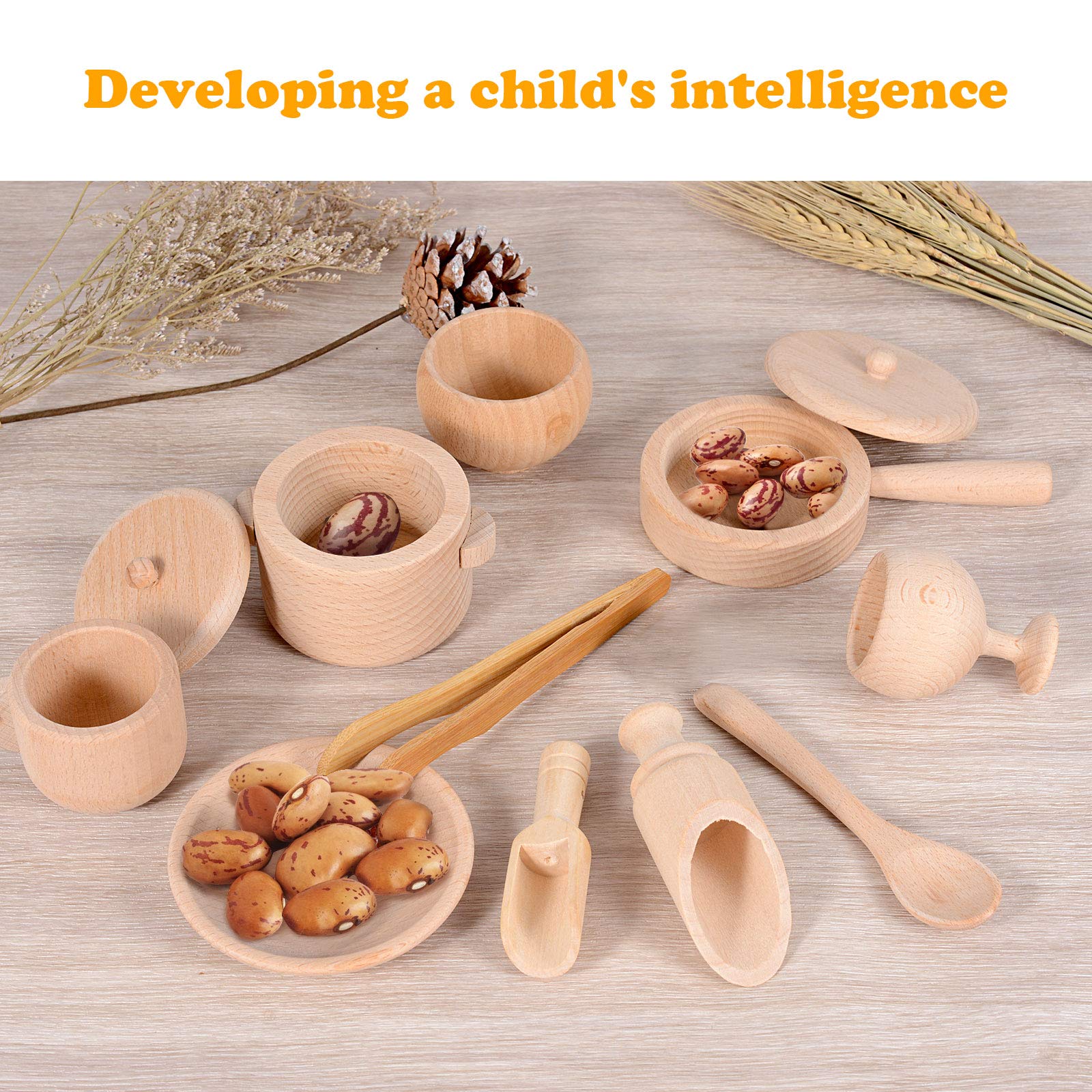Montessori Wooden Scoops & Tongs Set - Sensory Bin Tools for Toddlers, Fine Motor Skills Toys, Waldorf Educational Learning Tools for Transfer Work | Perfect for Preschool Classroom & Home Play Activities