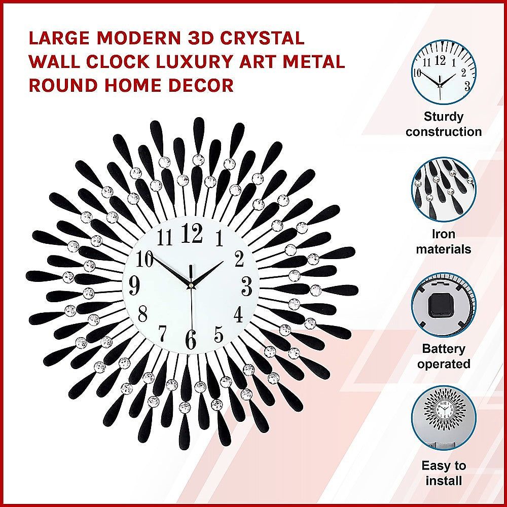 Large Modern 3D Crystal Wall Clock - Luxury Metal Round Home Decor for Living Room, Bedroom & Office | Elegant Timepiece for Home & Office Spaces