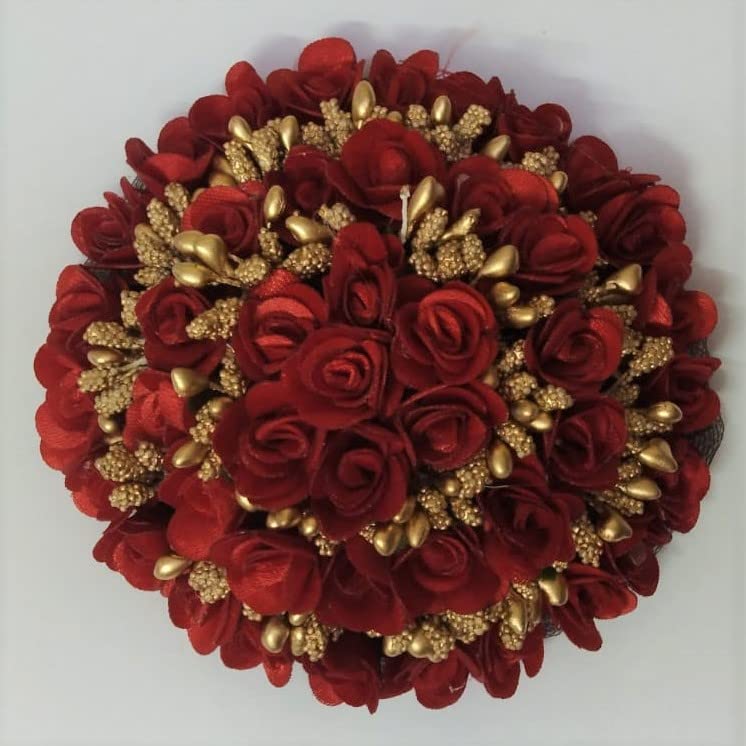 Ruchi Women's Hair Accessories - Handmade Multicolor Floral Gajra Hair Jewelry (Pack of 1, Red/Gold) | Perfect for Weddings, Parties & Traditional Indian Outfits