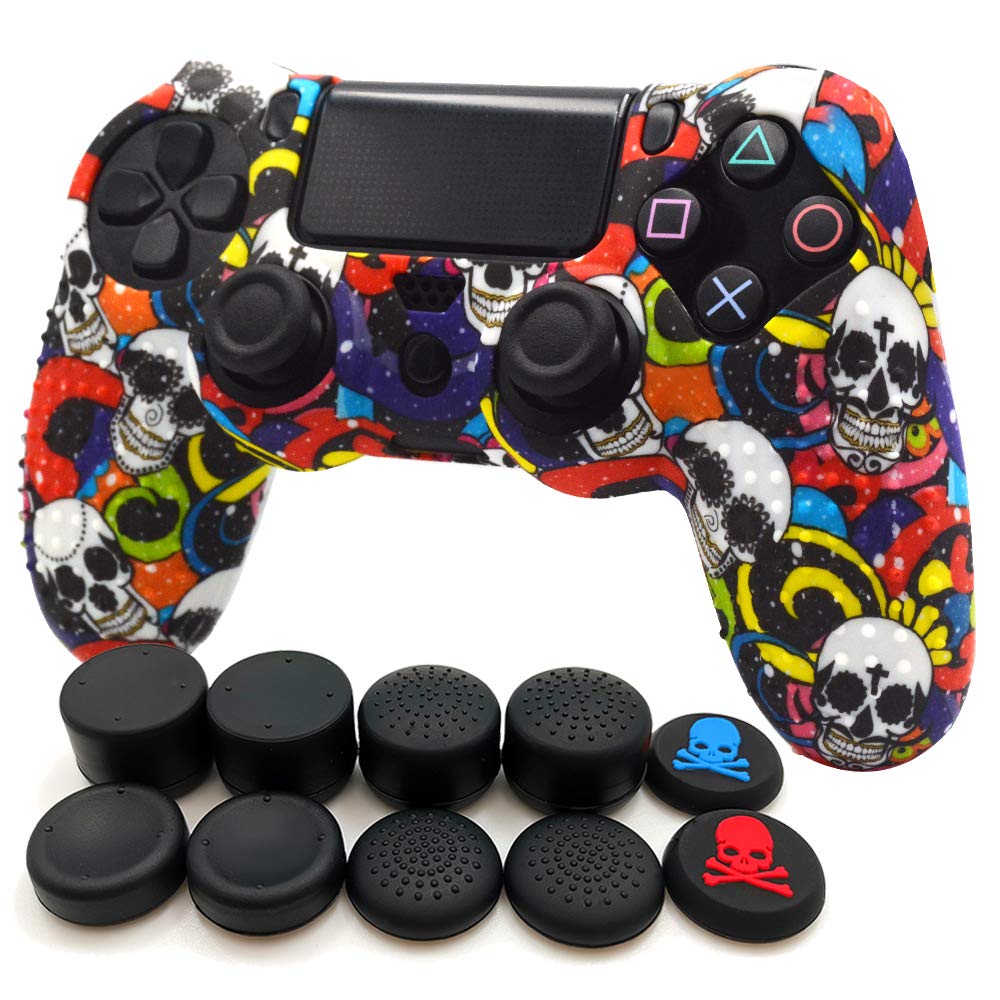 Anti-Slip Silicone Grip Cover with Dots for PlayStation 4 Controller (Wireless DualShock 4) - Includes 1 Controller Skin + 8 Thumb Grip Caps (Diamond Skull Design) - Perfect for Gaming, Protection & Enhanced Comfort