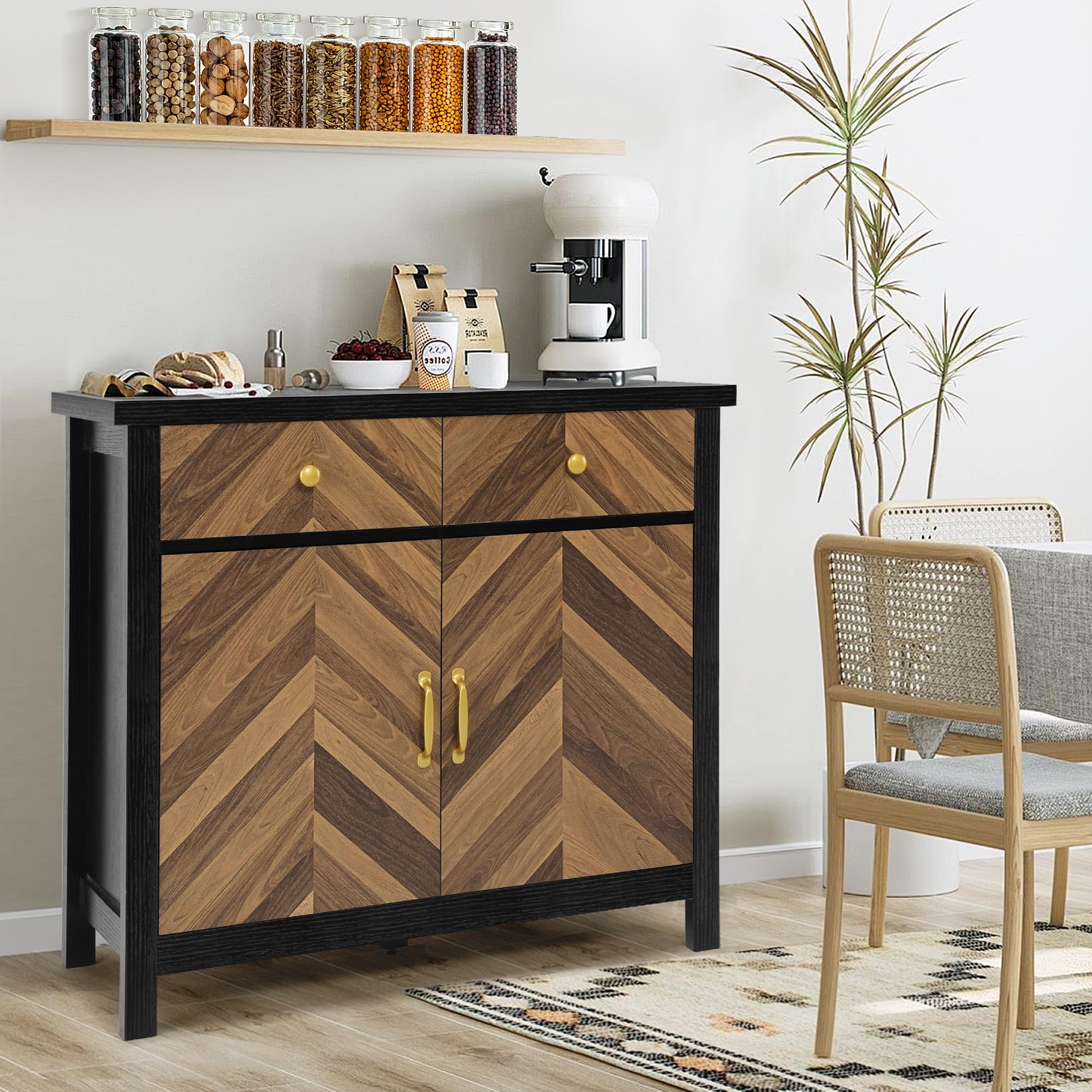 Mid-Century Modern Buffet Cabinet with Drawers & Shelves - 36
