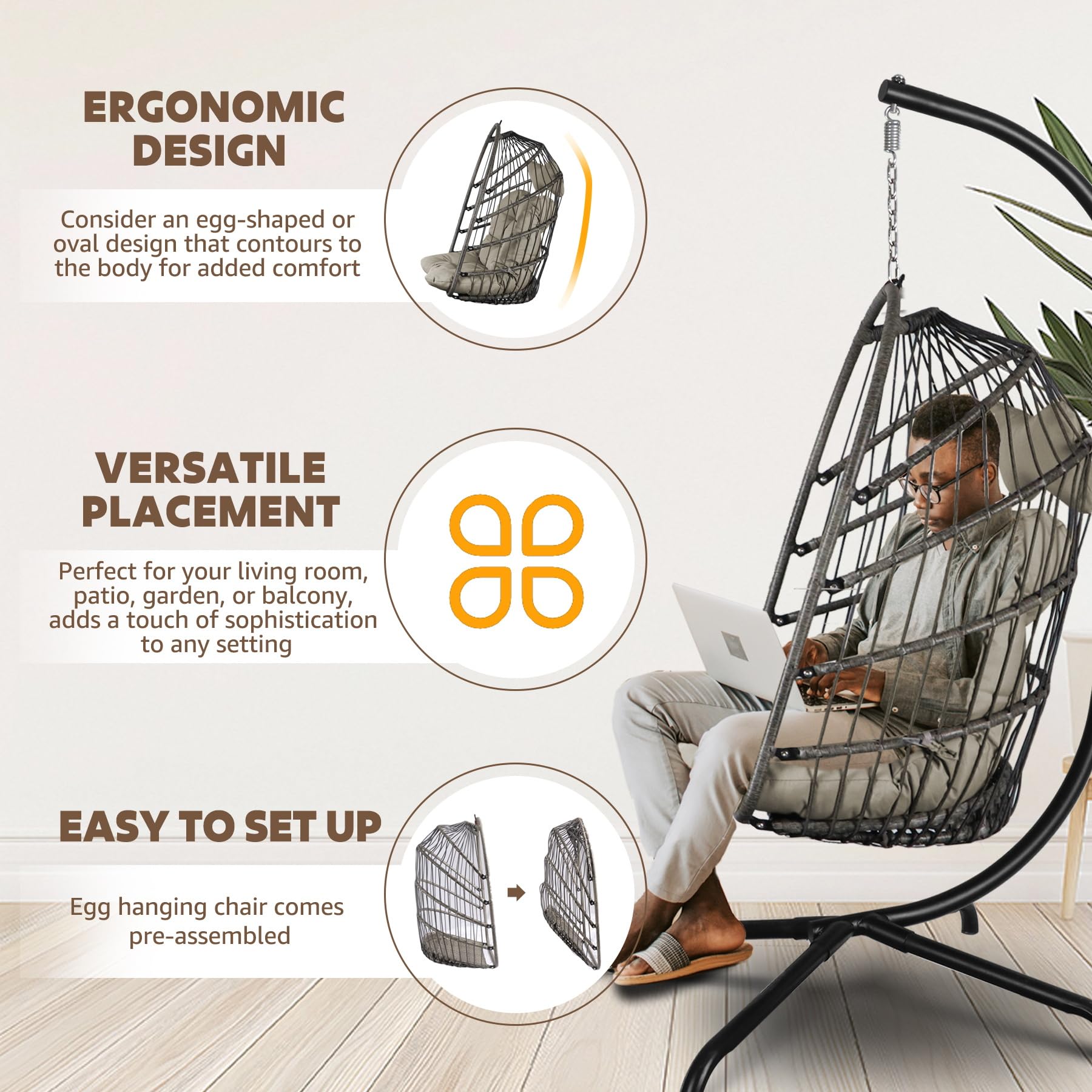 Chihee Foldable Wicker Egg Hanging Chair - Indoor Outdoor Rattan Swing Chair with Stainless Steel Hanging Kit & UV-Resistant Cushion - Perfect for Patio, Balcony, Bedroom, and Garden Relaxation