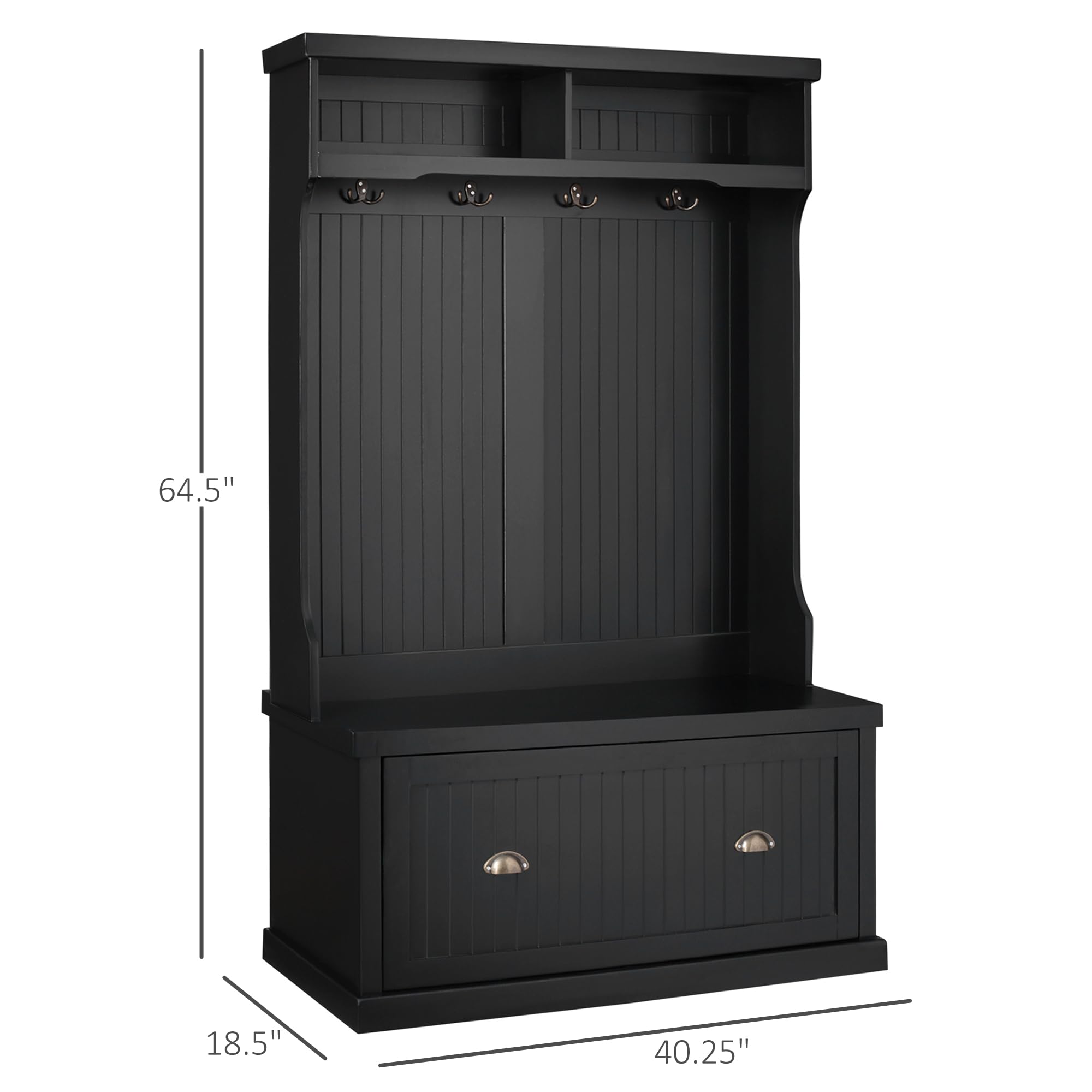HOMCOM Entryway Bench with Coat Rack - 4 Double Hooks & 2 Storage Compartments, Hall Tree Bench with Shoe Storage for Hallway, Living Room, Bedroom - Black, Modern Furniture for Home Organization & Entryway Decor