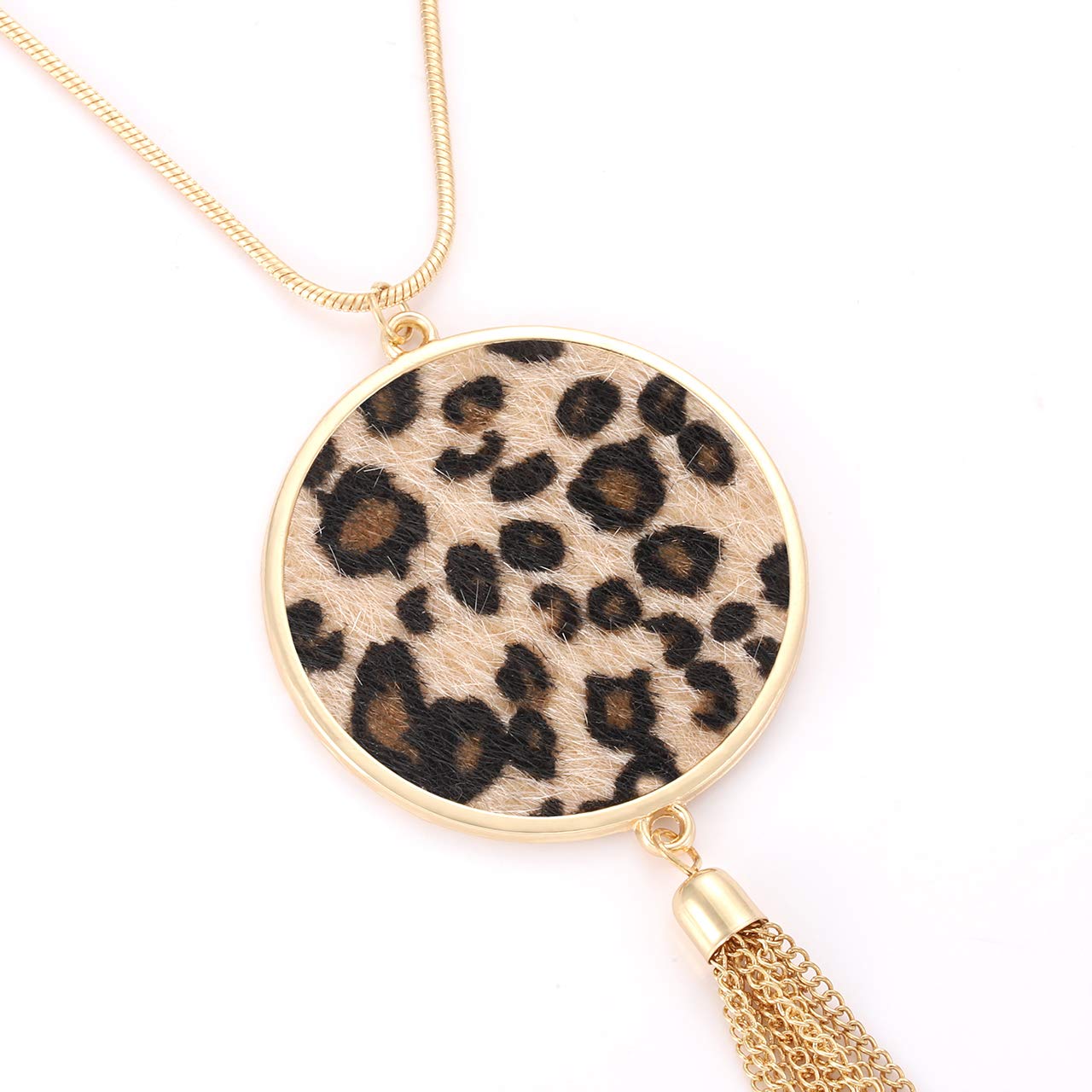 Women's Long Statement Necklace - Leopard & Snakeskin Print with Oval Leather Pendant | Fashion Jewelry for Casual Outfits, Date Nights & Office Wear