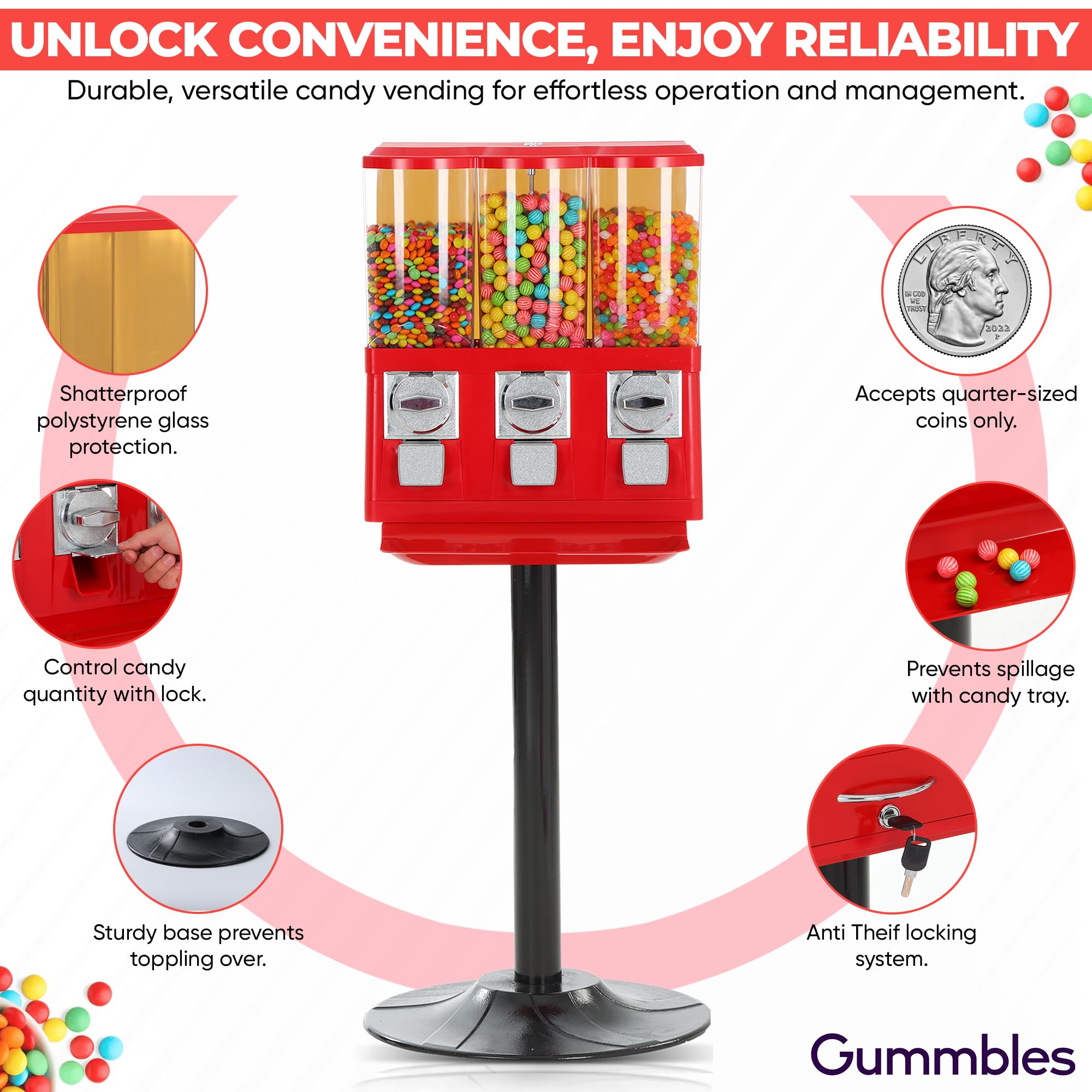 Triple Coin Operated Commercial Gumball Vending Machine with Stand - Accepts Quarters for Candy, Toys & Capsules - Perfect for Business, Schools, Arcades and Home Use (Red)