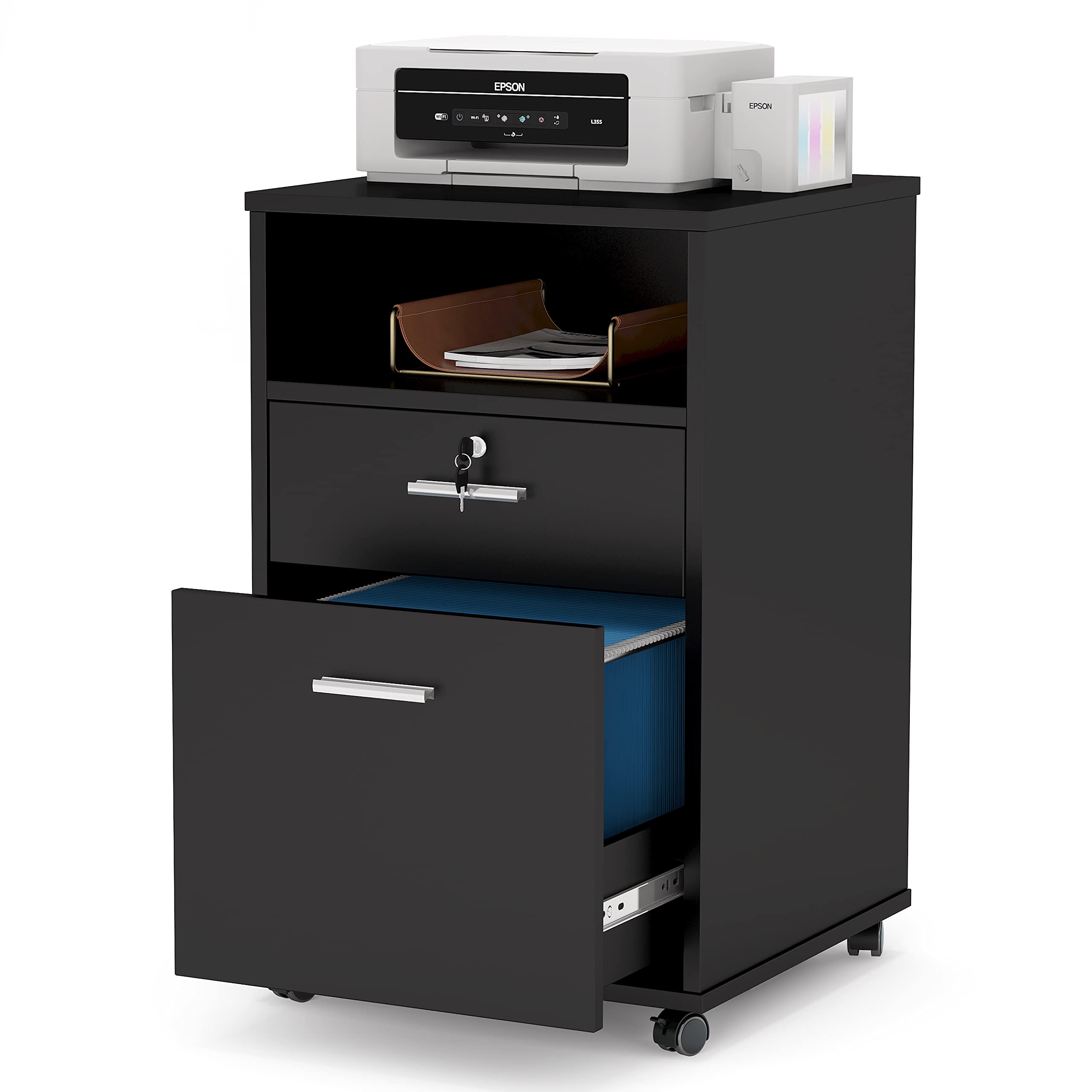 2-Drawer Mobile File Cabinet with Lock - Wooden Letter Size Filing Cabinet & Printer Stand with Wheels - Open Storage Shelf for Home Office Organization (Black) - Perfect for Small Spaces & Office Storage Needs