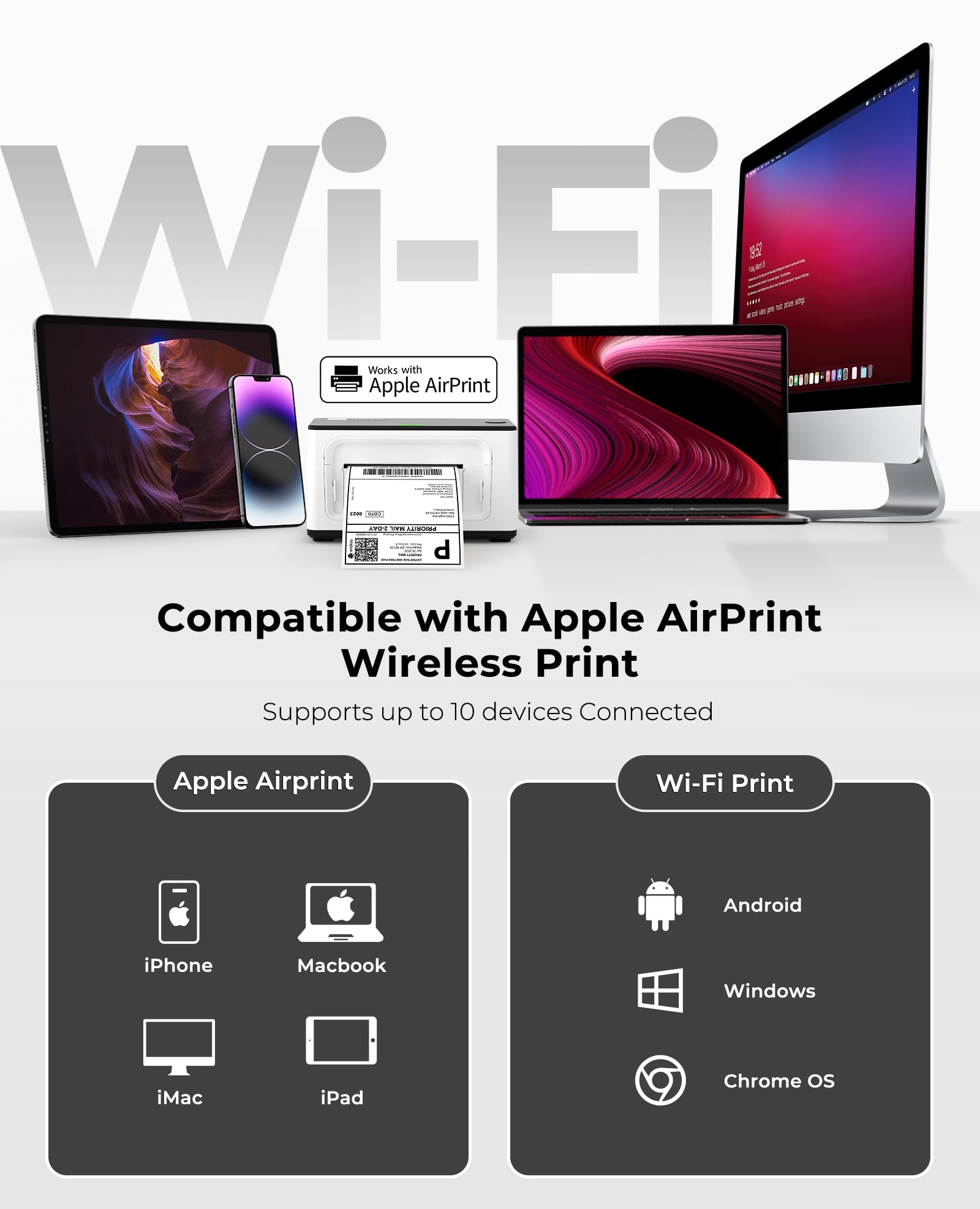MUNBYN Wireless Wi-Fi Thermal Label Printer for Shipping - Compatible with AirPrint, iPhone, iPad, MacOS, Android & Windows - No Ink Needed, Fast Clear Printing for Small Business, Etsy, eBay, USPS - Perfect for Home Office & E-commerce Shipping Labels