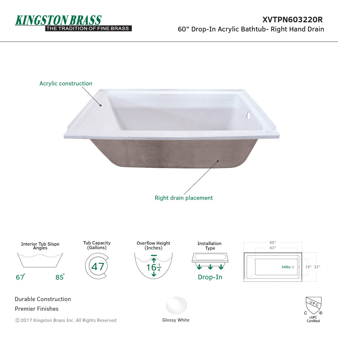 Aqua Eden 60-Inch Acrylic Rectangular Drop-In Bathtub with Right Hand Drain - Glossy White Freestanding Soaking Tub for Modern Bathroom Renovation & Spa Relaxation