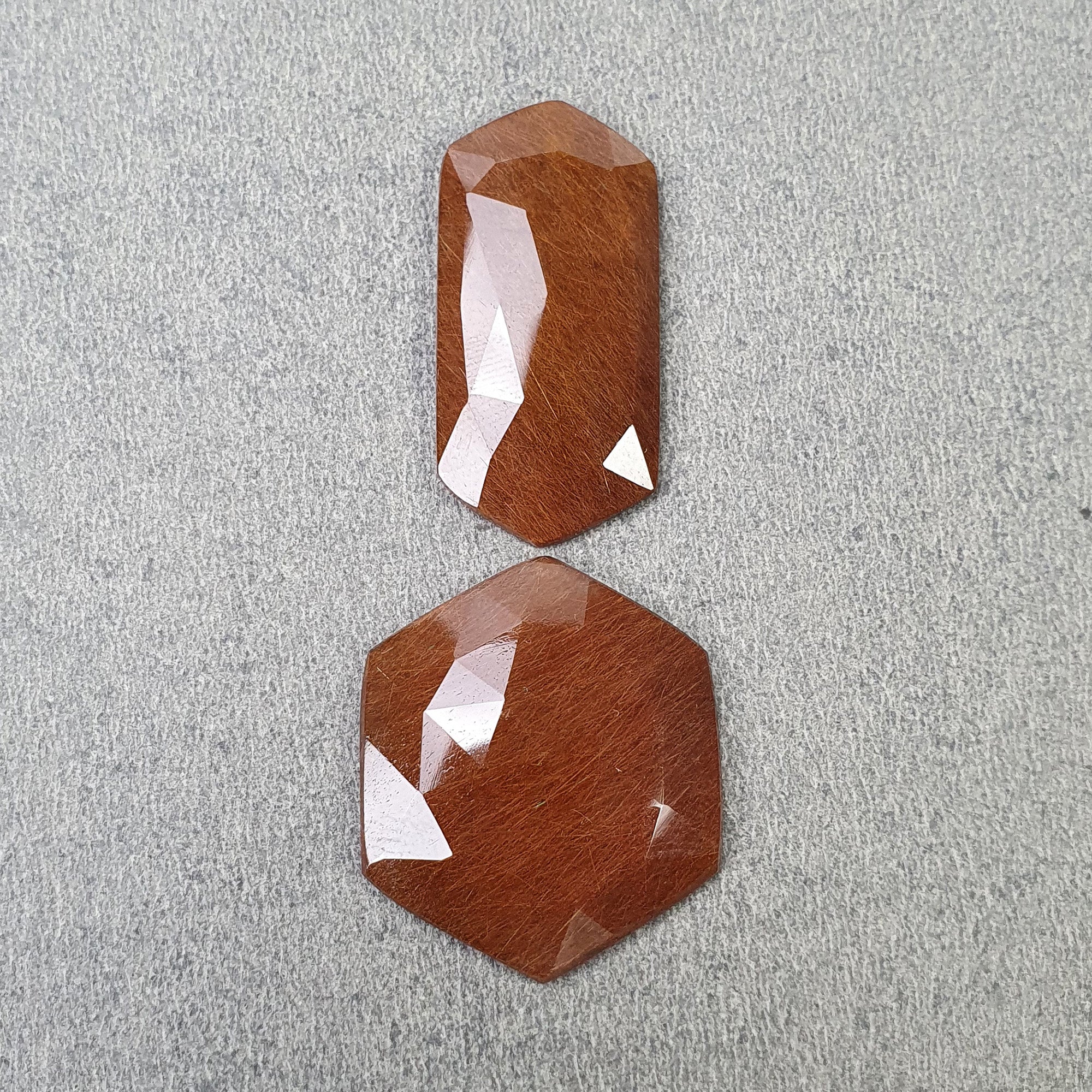 Natural Brown Rutile Quartz Gemstone - 37.80cts Untreated Hexagon Rose Cut (32x15mm & 24mm 2pcs) for Jewelry Making, Healing Crystals & Mineral Collection - Includes Video