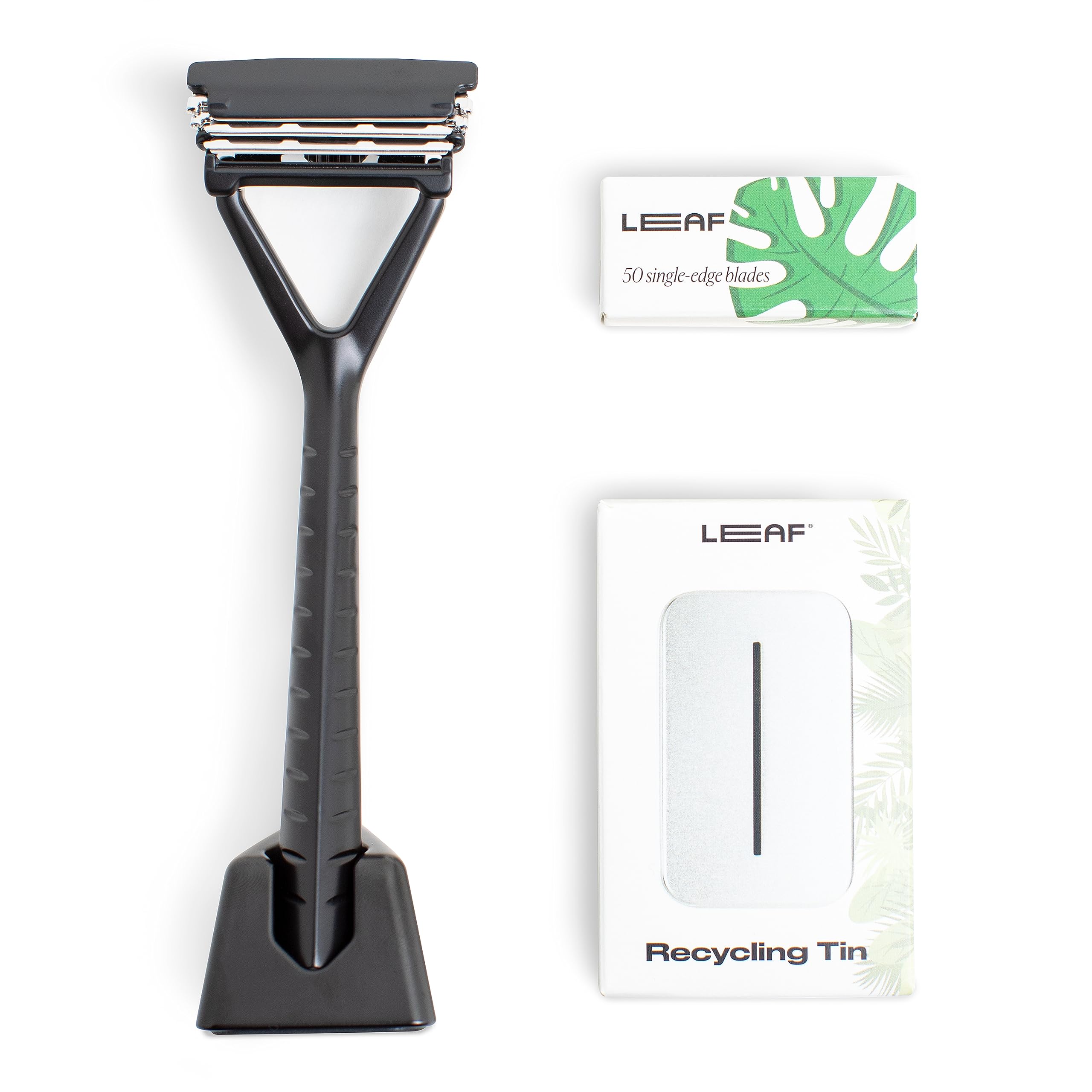 Leaf Razor Set - Eco-Friendly Safety Razor with Stand, 50 Single-Edge Blades & Blade Bank | Premium Black Shaving Kit for Men & Women | Perfect for Travel, Home Use & Sustainable Grooming