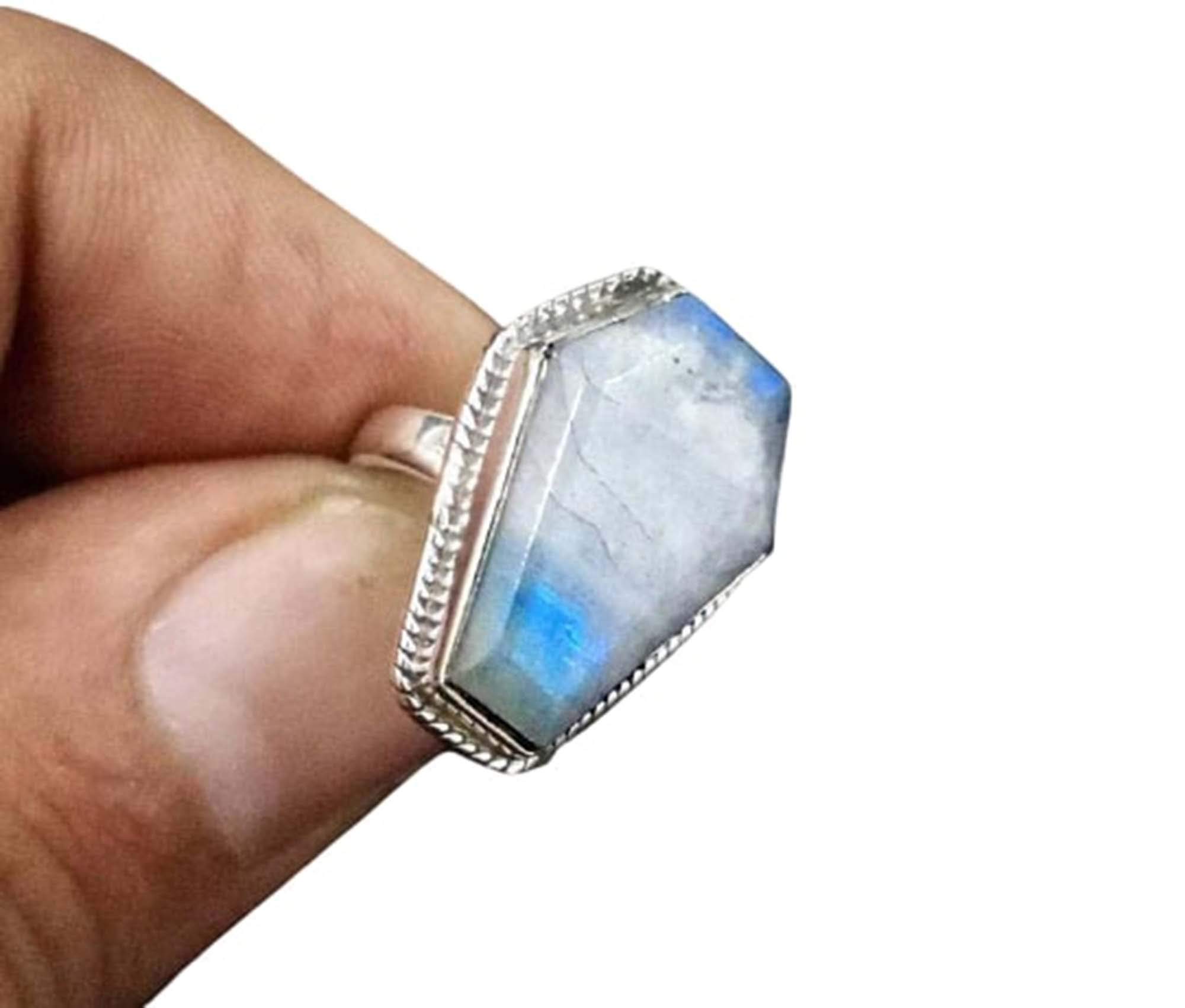 Rainbow Moonstone Coffin Ring - 925 Sterling Silver June Birthstone Ring for Women, Dainty Blue Fire Moonstone Promise Gift Ring | Perfect for Birthdays, Anniversaries & Special Occasions
