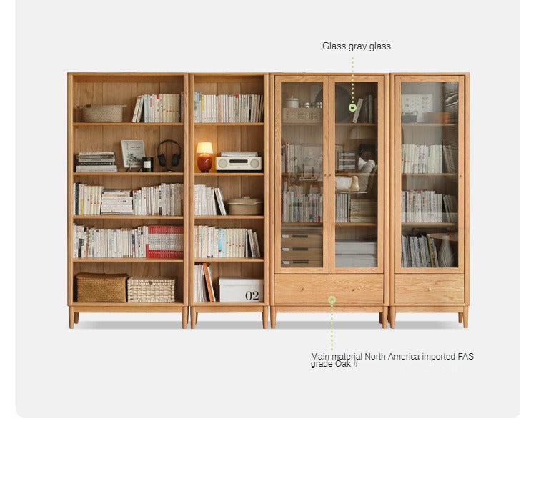 Oak Solid Wood Modern Glass Door Bookcase - Stylish Bookshelf for Living Room, Office & Library - Perfect for Home Decor & Book Storage