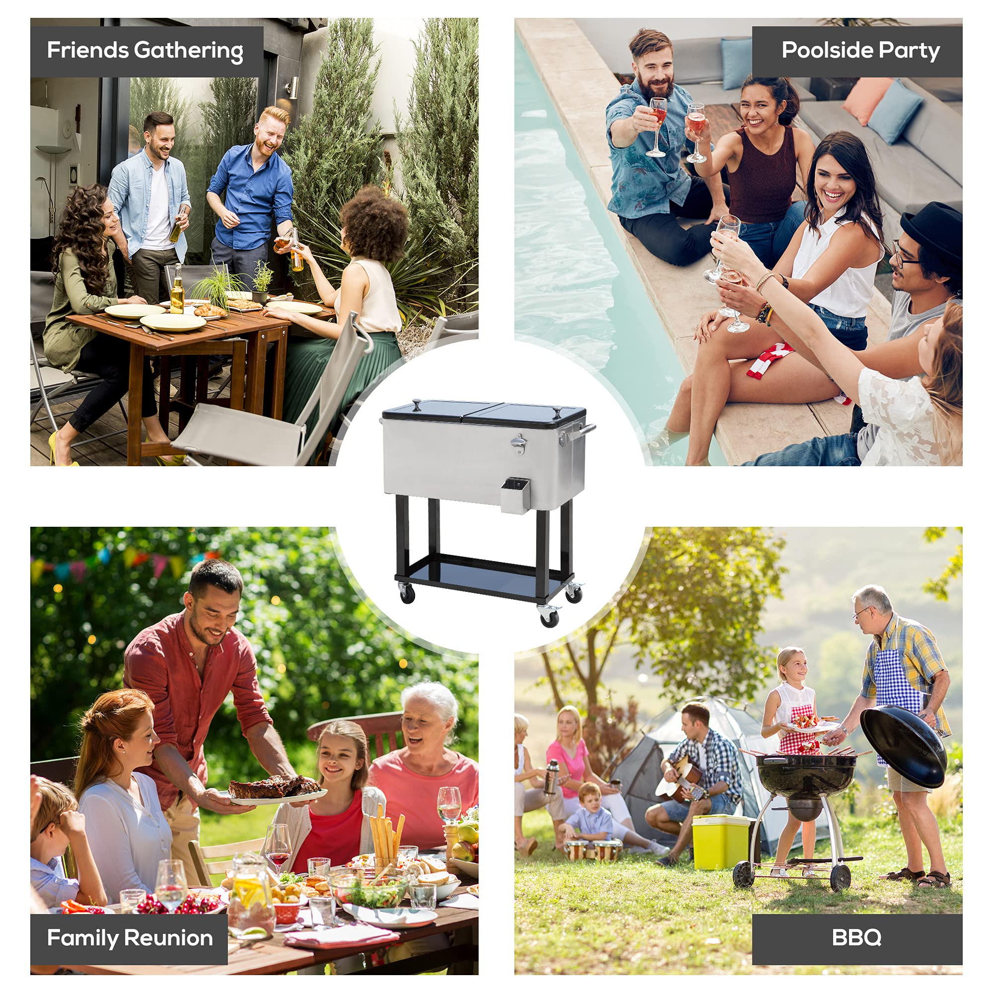 Outsunny 80 QT Rolling Cooler with Wheels - Portable Ice Chest for Outdoor Parties, Camping & Tailgating - Stand-Up Drink Cooler Cart in Silver - Perfect for BBQs, Beach Trips & Picnics