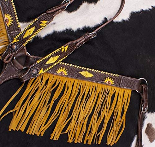 Showman Dark Leather Hand-Painted Sunflower Equestrian Headstall & Breast Collar Set with Fringe and Reins - Perfect for Western Riding, Horse Shows, and Rodeo Events