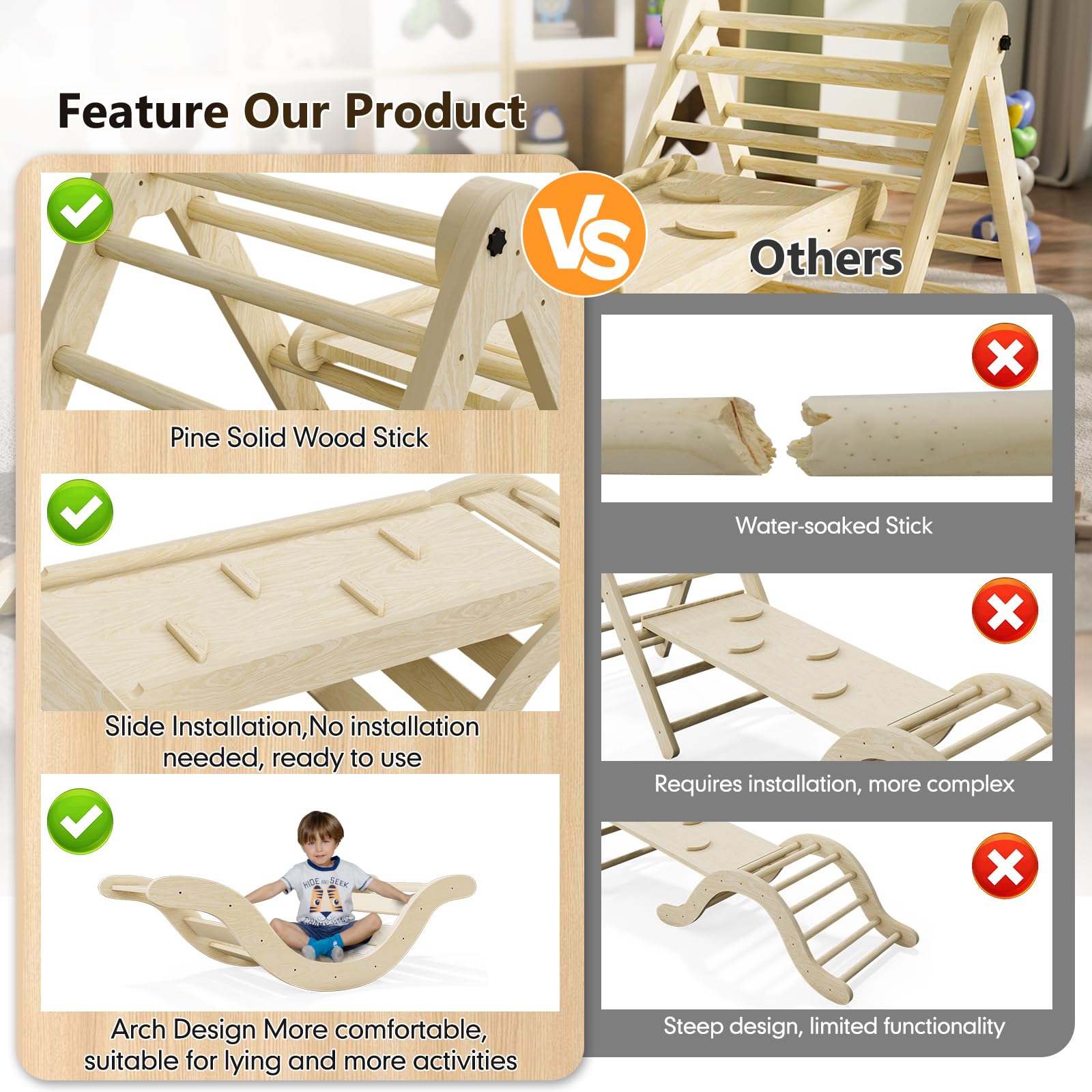 Montessori Pikler Triangle Climber Set 5-in-1 - Natural Wood Toddler Climbing Gym with Ramp, Arch & Play Mat - Indoor Foldable Play Equipment for Kids (99