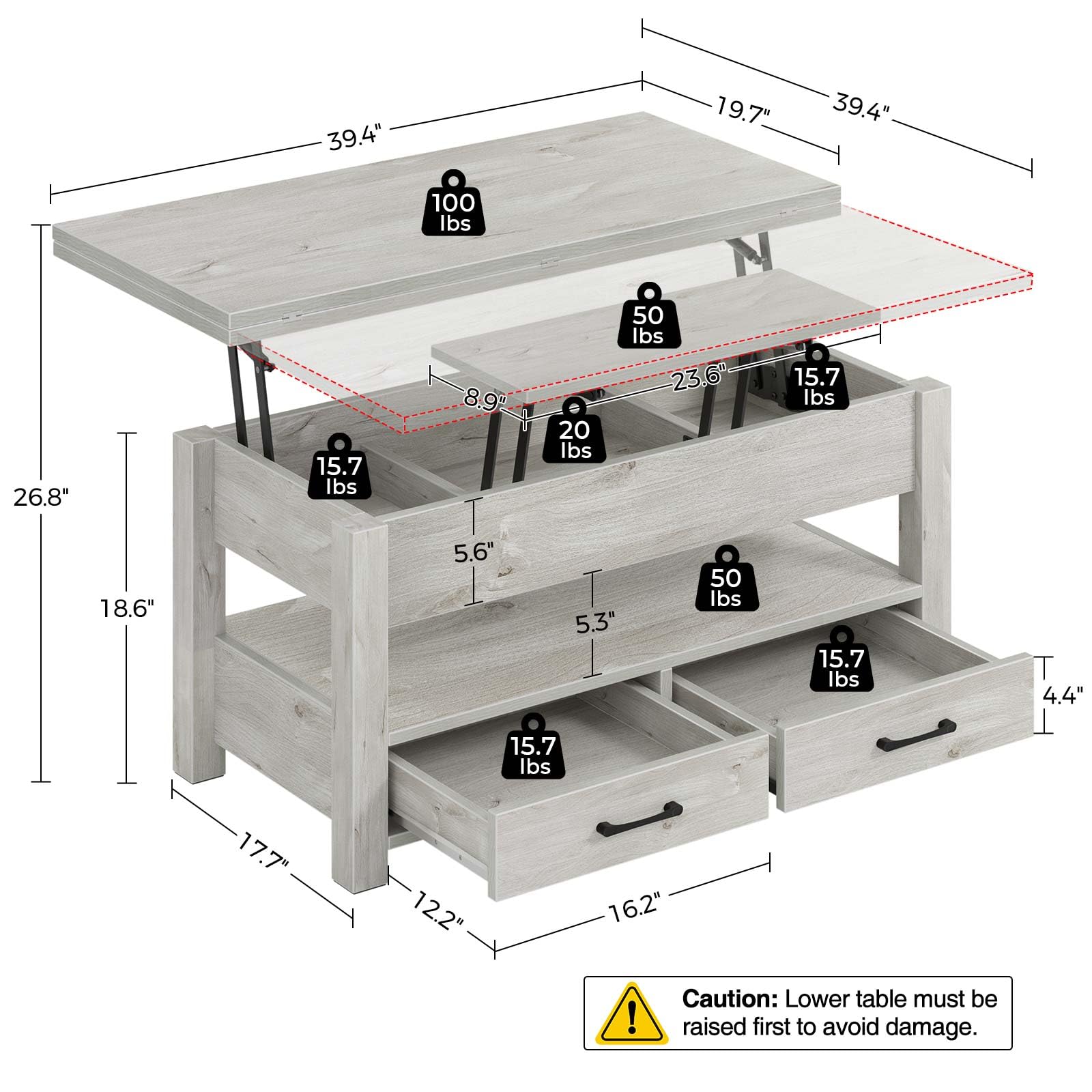 Rolanstar Lift Top Coffee Table - Convertible to Dining Table with Drawers & Hidden Storage | Multi-Functional Living Room & Home Office Furniture in Grey | Perfect for Small Spaces, Entertaining & Remote Work