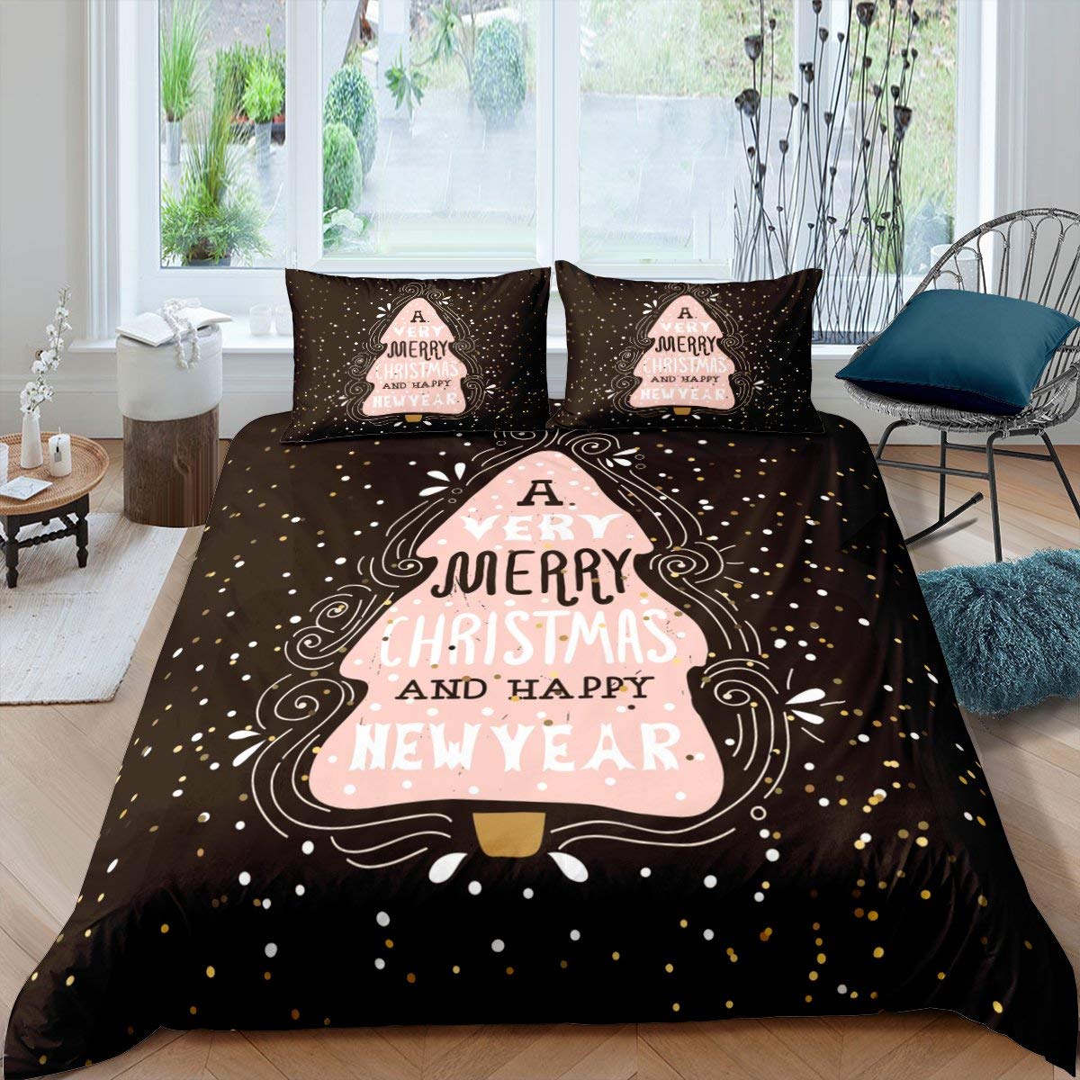 Erosebridal Christmas Tree Duvet Cover Set - White Pine Tree Spiral Swirl Comforter Cover with Pink & Black Accents, Twin Size 2-Piece Bedding for Holiday Decor | Festive Bedroom, Dorm Room & Seasonal Home Decor