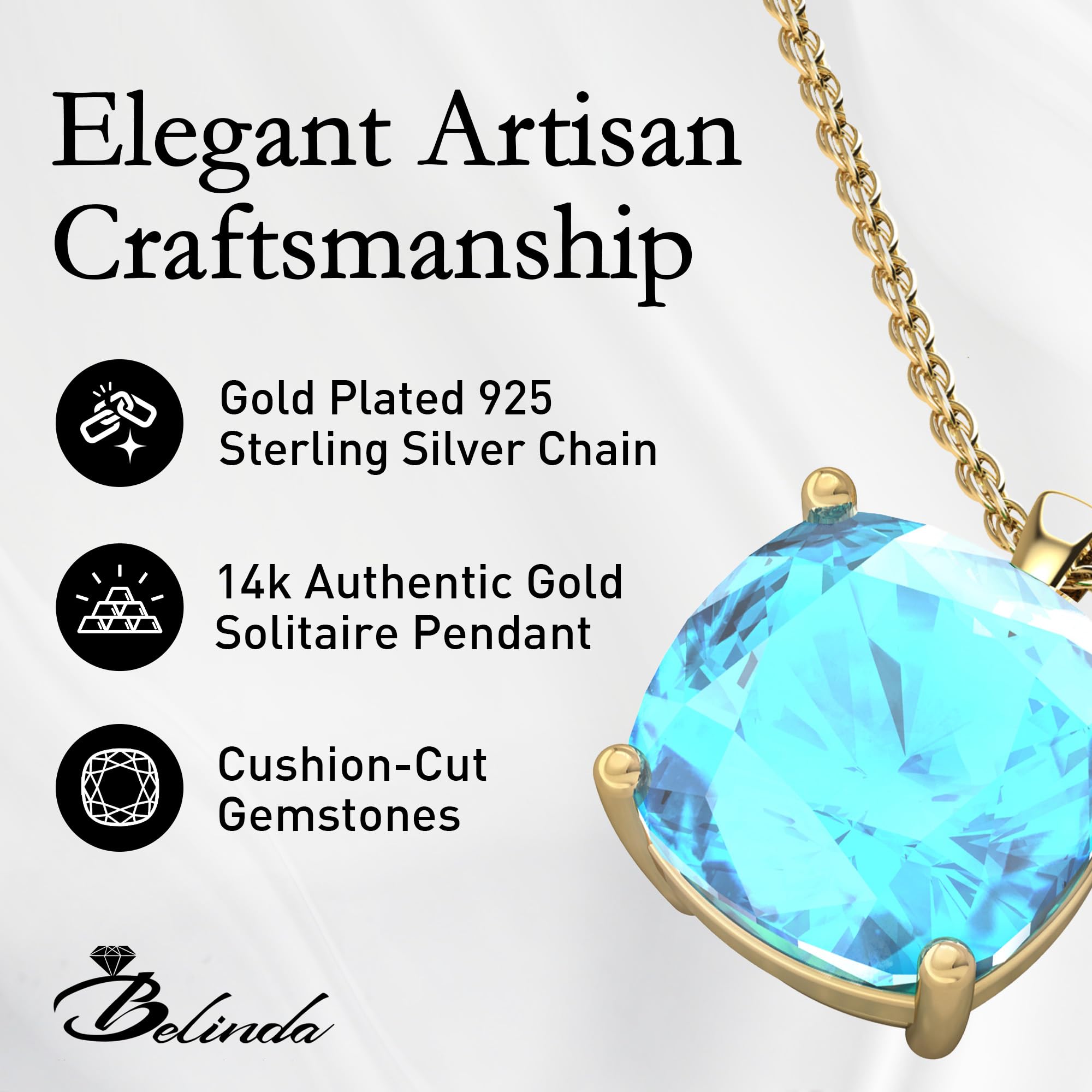 14K White & Yellow Gold Birthstone Pendant Necklace for Women - Sparkling Cushion Cut Gemstone with Sterling Silver Chain - Elegant Fine Jewelry Gift for Birthday, Anniversary & Special Occasions