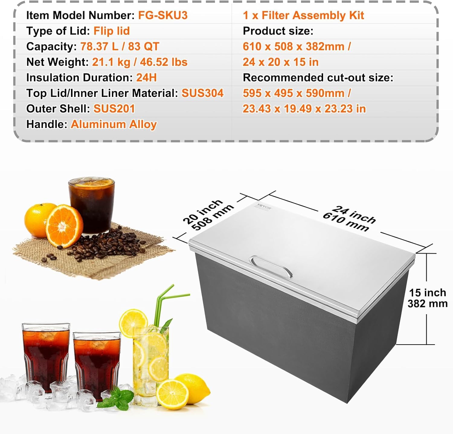 VEVOR 40QT Stainless Steel Drop-In Ice Chest Cooler - 24
