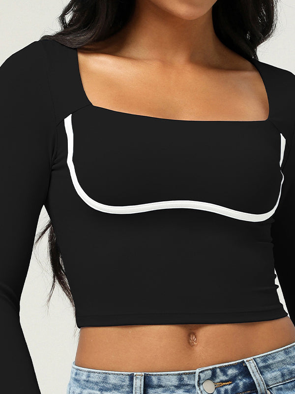 ZASUWA Women's Square Neck Long Sleeve Top with Chest Pads & Thumbholes - Perfect for Yoga, Workout, and Casual Wear