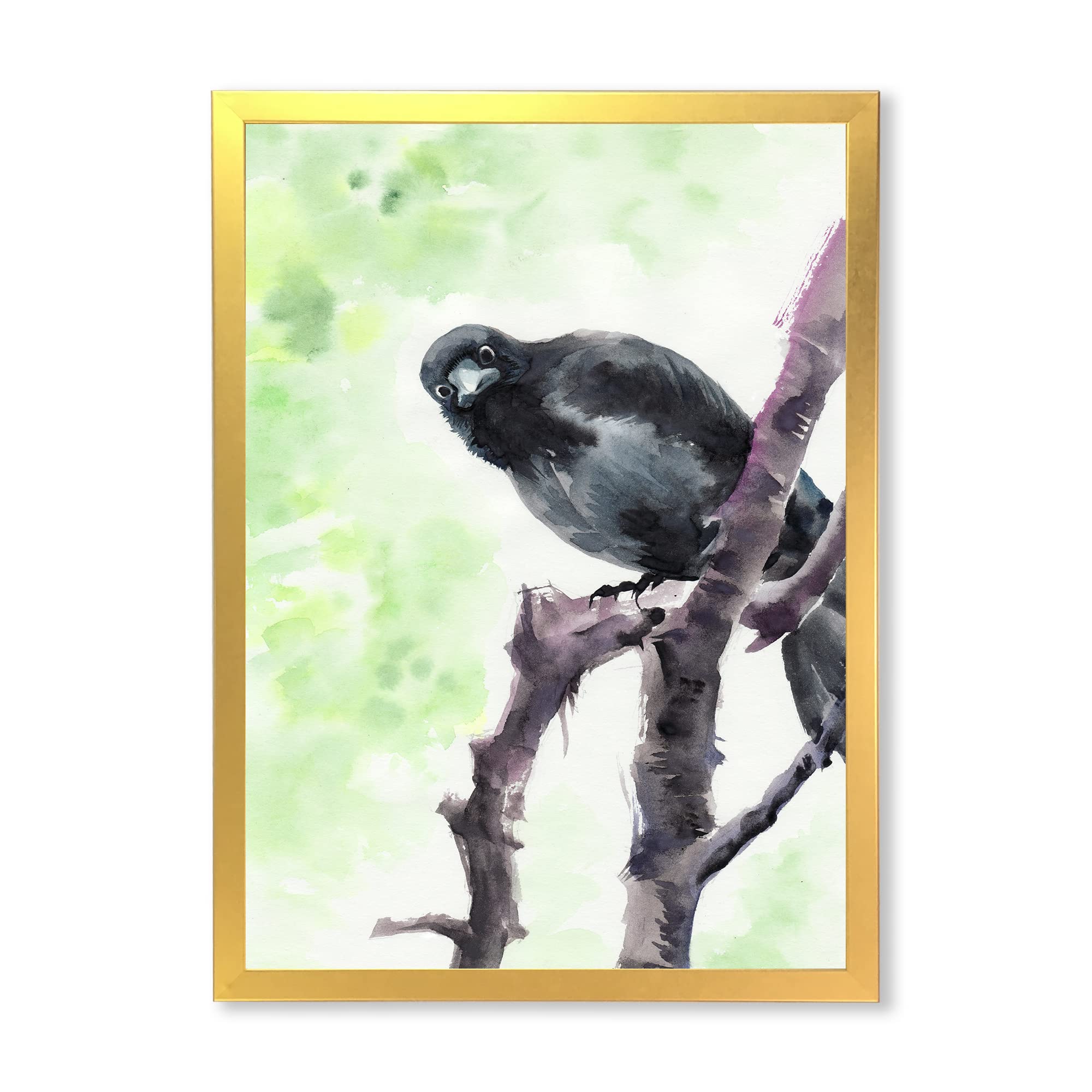 DesignQ Curious Crow on Branch Traditional Framed Wall Art - Vintage Home Decor for Living Room, Bedroom & Office