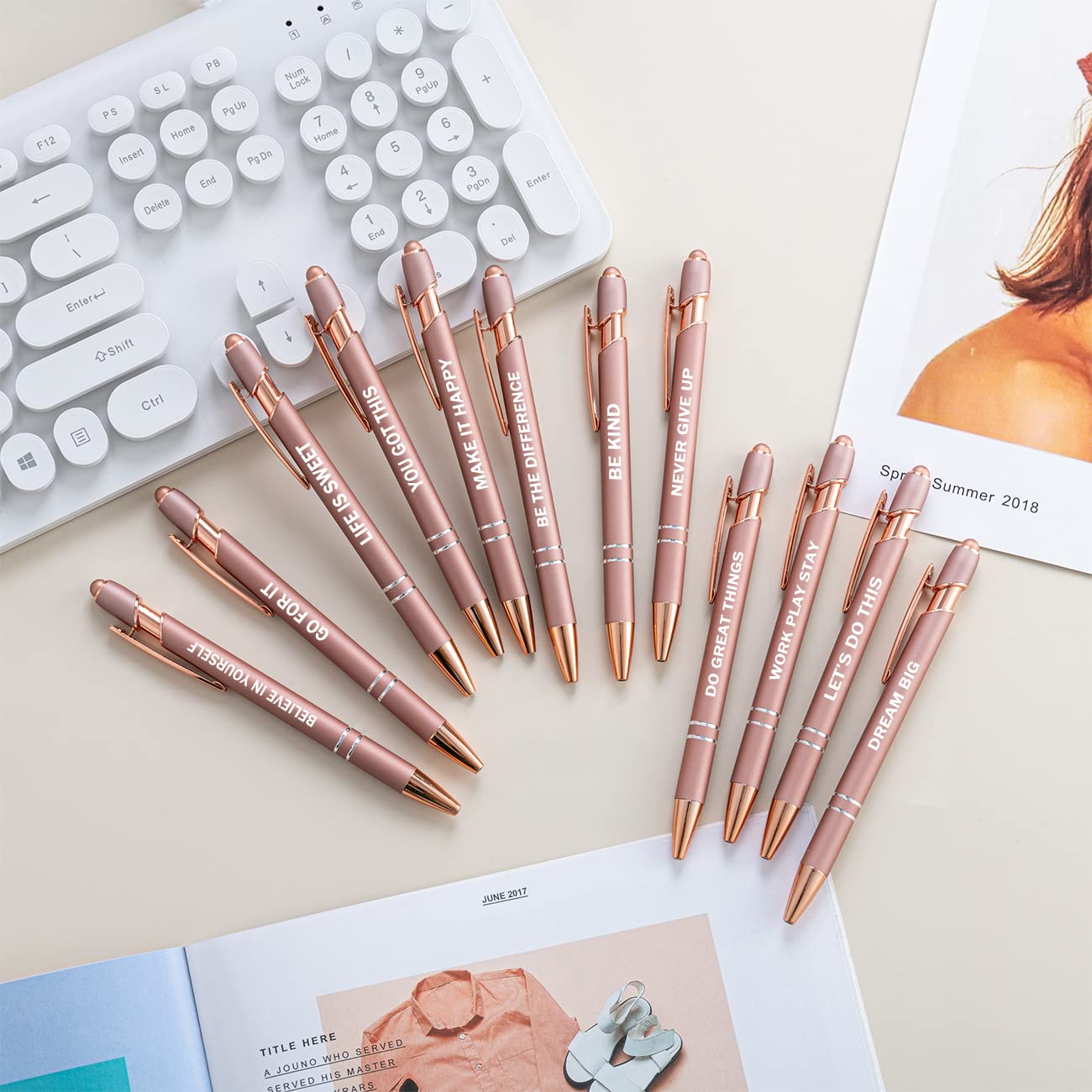 12-Pack Rose Gold Motivational Quote Pens - Touch Screen Stylus & Ballpoint Dual Tip, Inspirational Office Supplies with Black Ink (Rose Gold) - Perfect for Journaling, Note Taking & Gift Giving