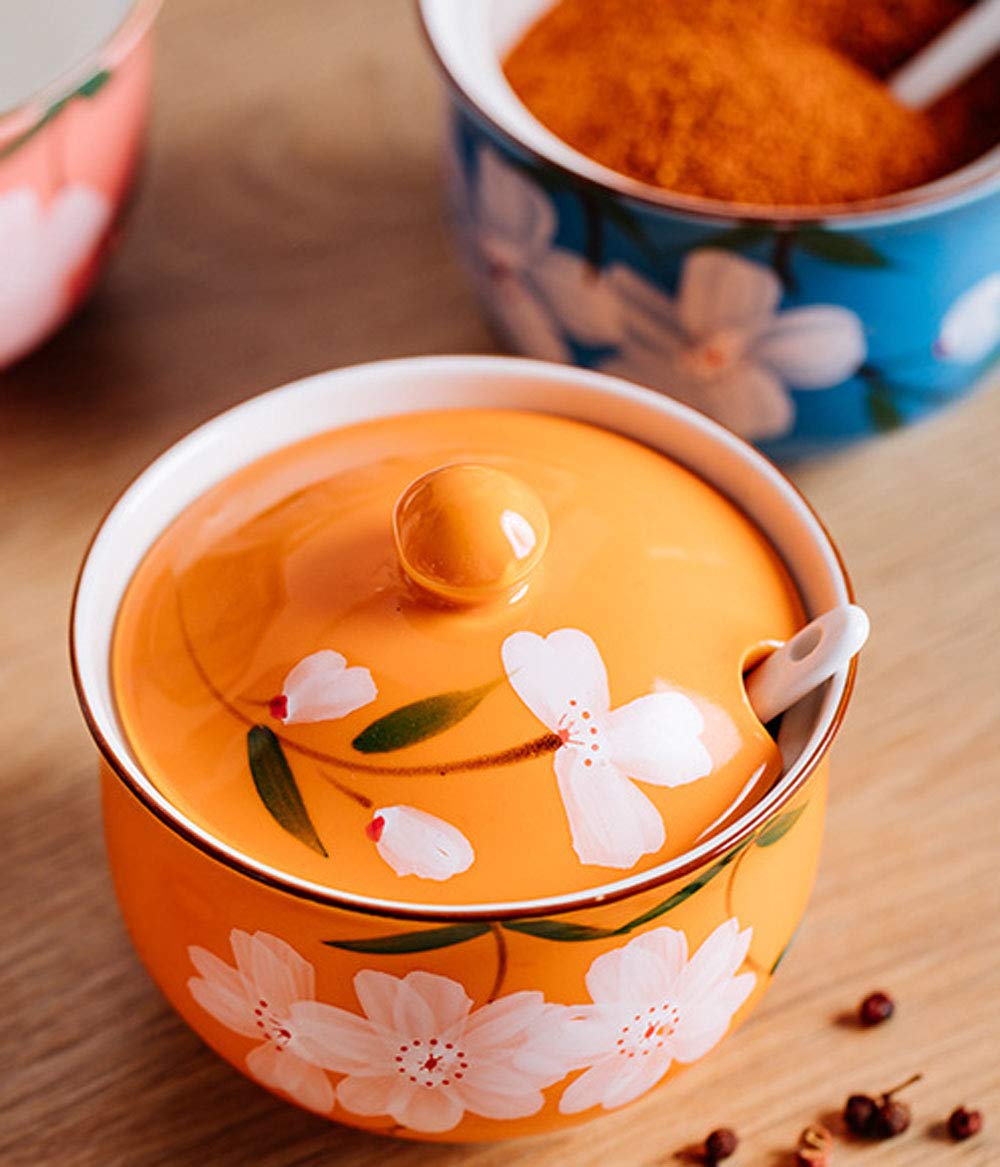 Hand-Painted Floral Ceramic Condiment Jar with Lid & Spoon - Sugar Bowl, Spice Container, Seasoning Pot for Kitchen, Dining Table & Tea Party Decor
